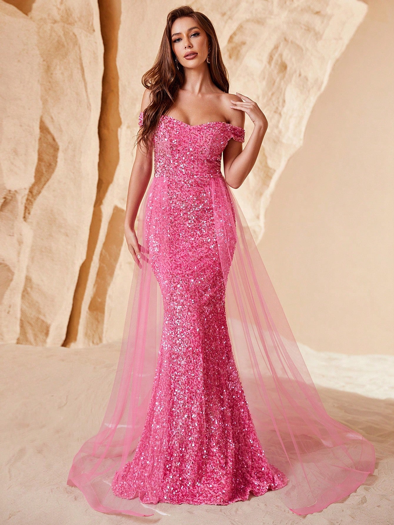 Off Shoulder Sequin Mermaid Dresses Pink Mesh Layer On Waist