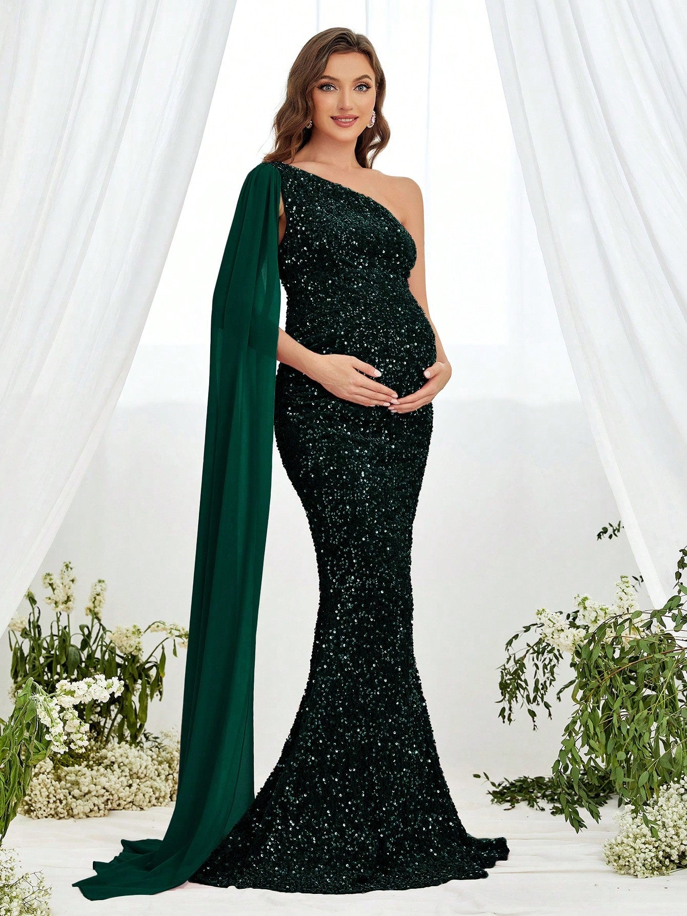 Maternity One Shoulder Draped Side Sequin Mermaid Dress