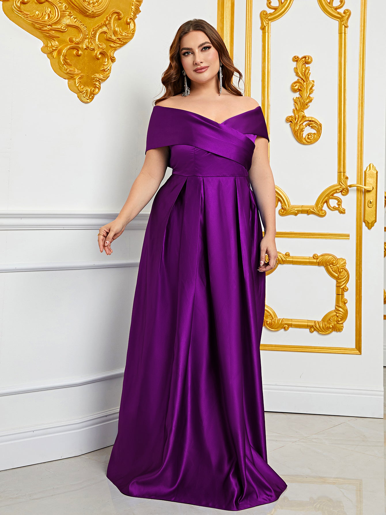 Plus Elegant Off Shoulder Satin A Line Gown