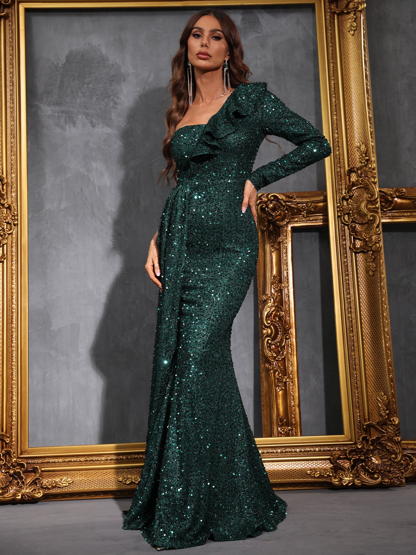 Draped Side One Shoulder Dark Green Sequin Mermaid Dresses