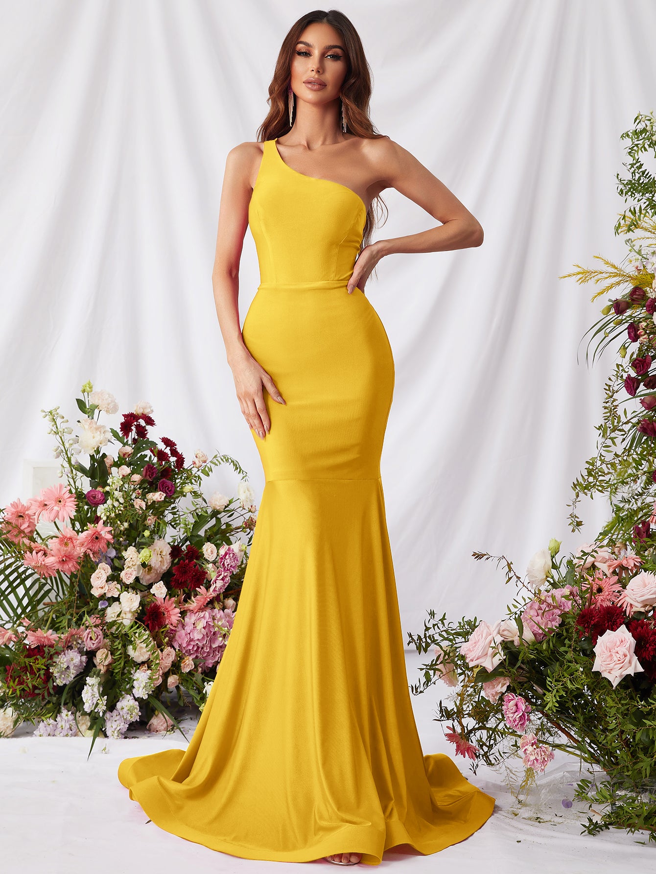 One Shoulder Sleeveless Satin Mermaid Dresses