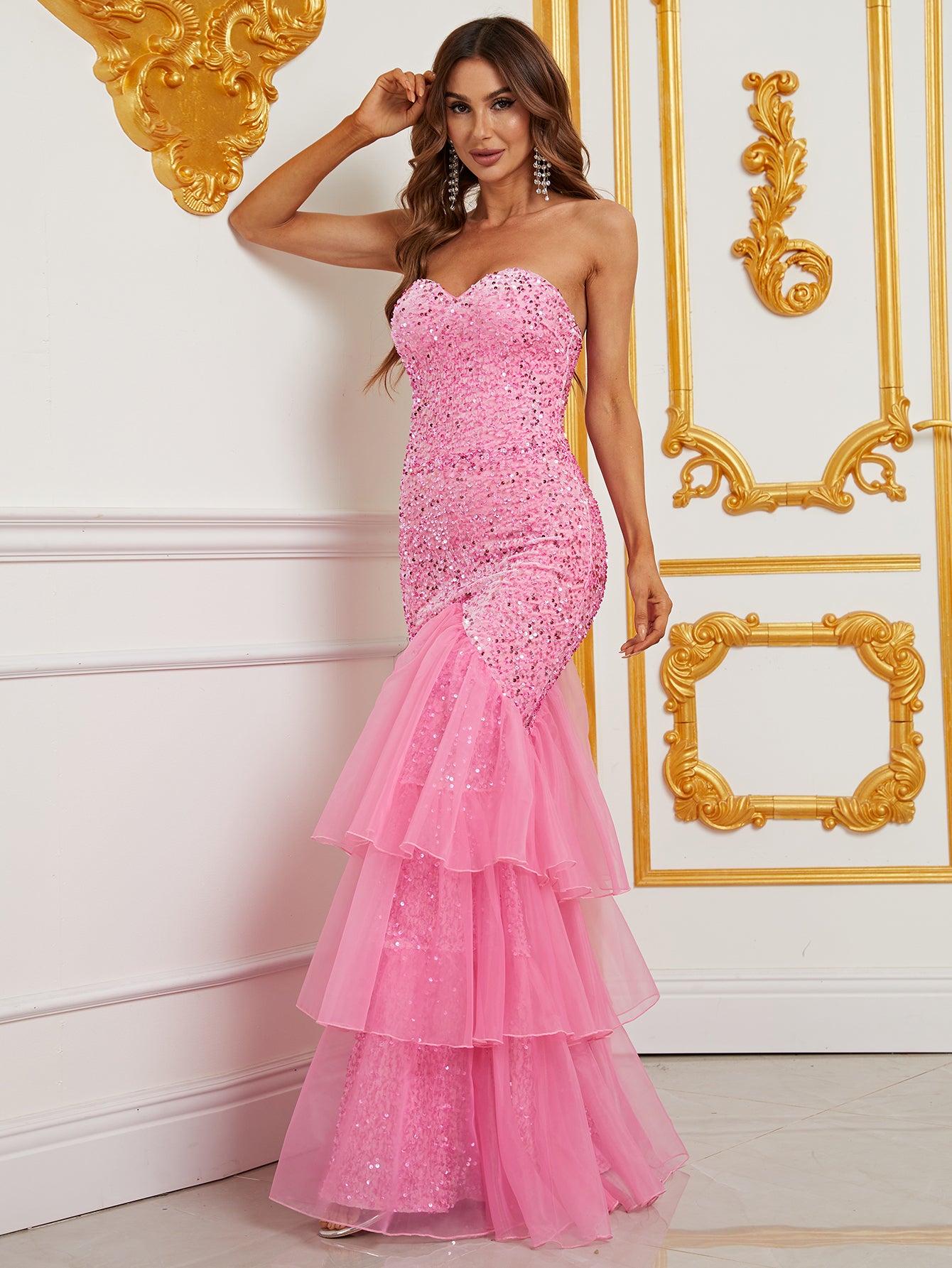 Elegant Tube Sequin Layered Mermaid Dress