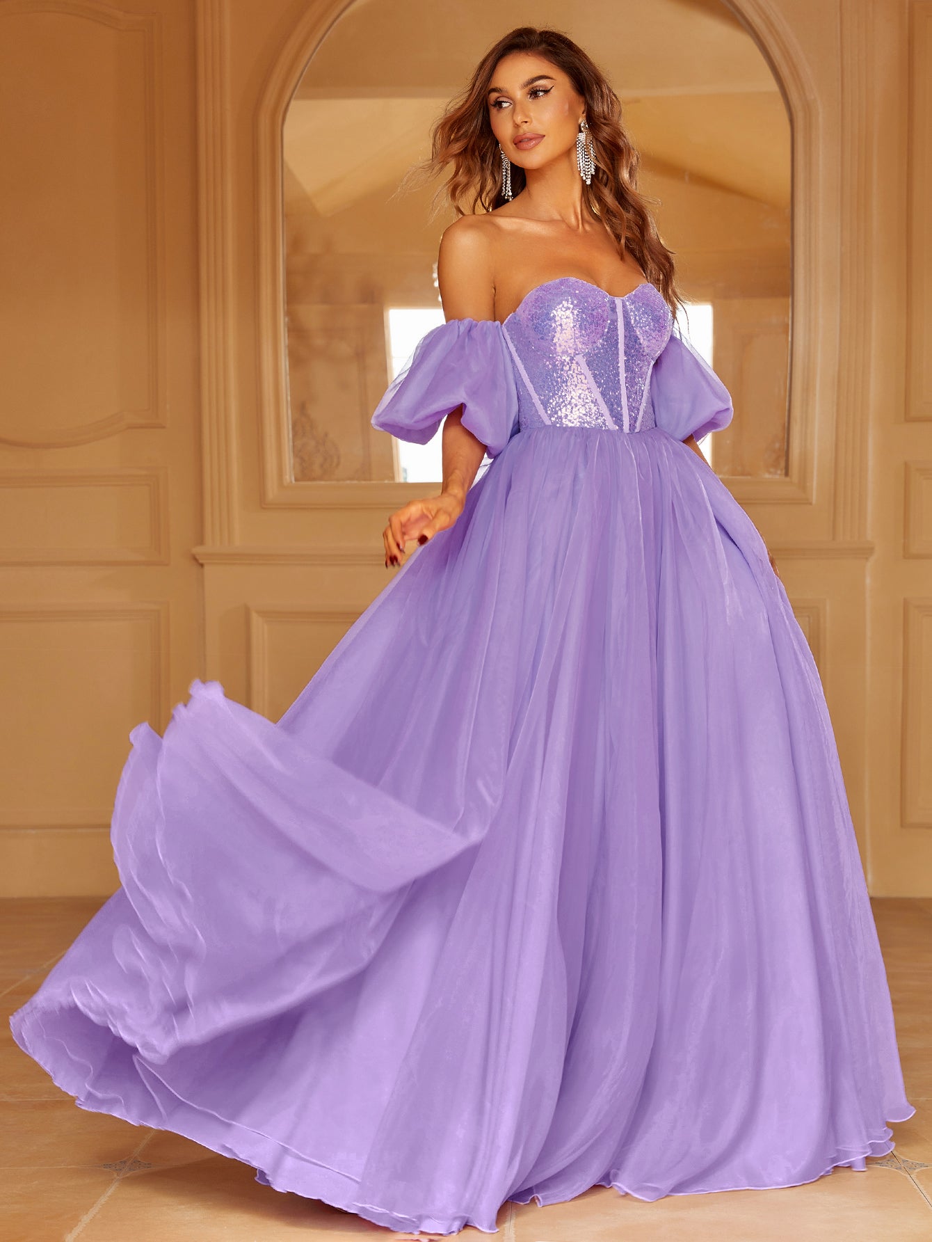 Off Shoulder Lantern Sleeve Sequin Bodice Contrast Organza Hem Dress