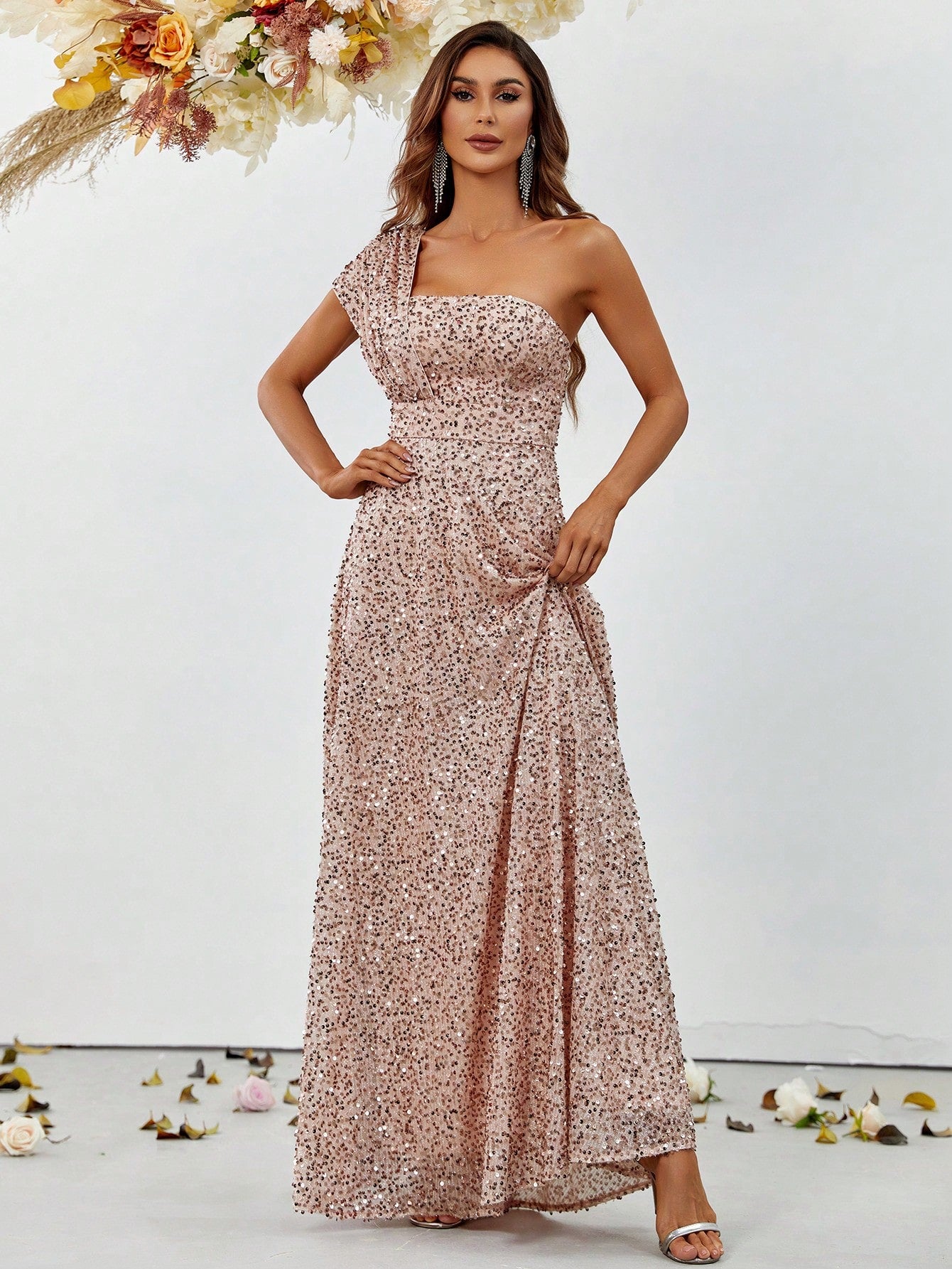 Elegant One Shoulder Sequin A Line Dresses