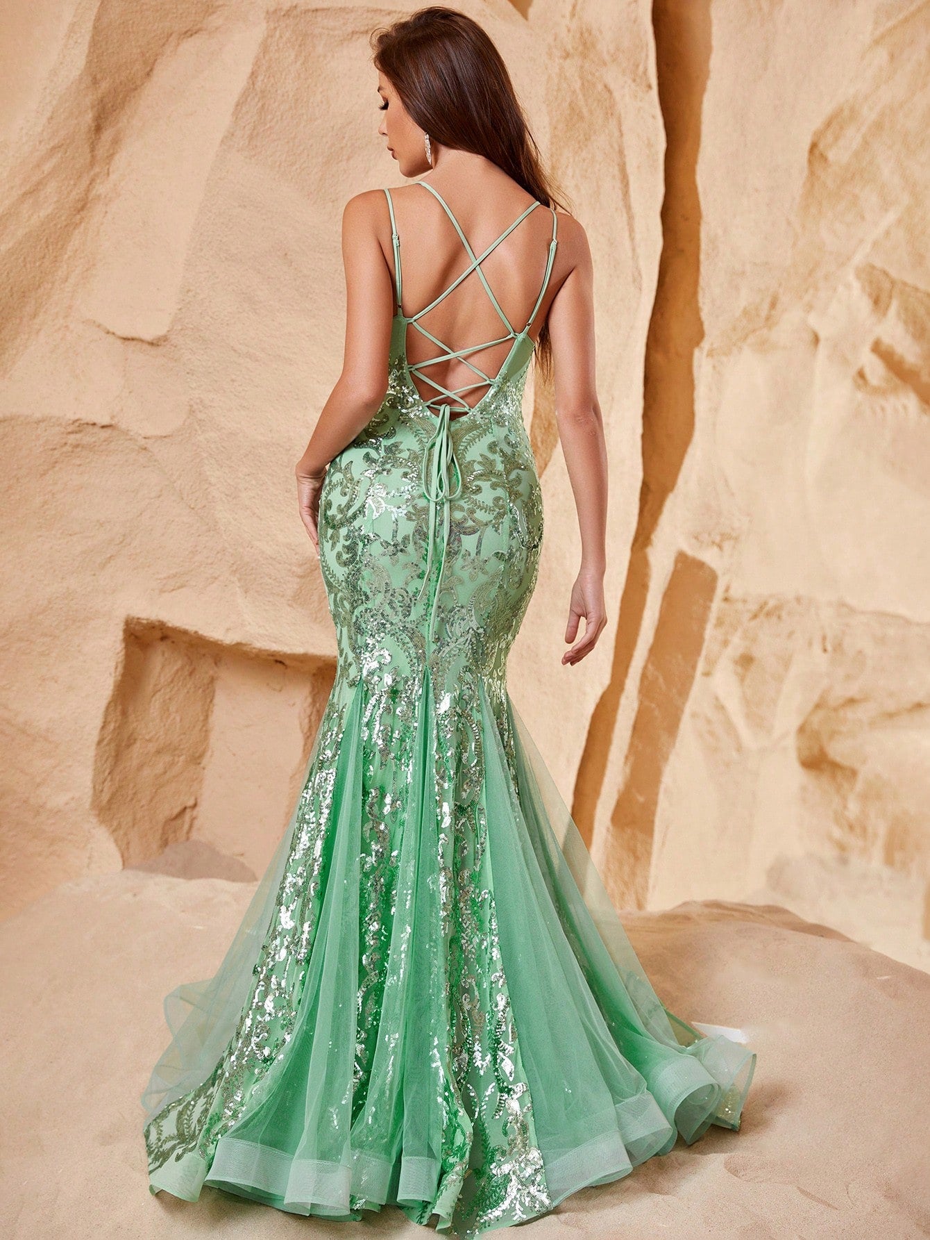 Back Lace Up Sequin Dresses With Organza Mermaid Hem