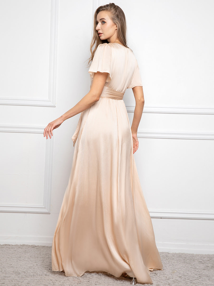 Elegant V Neck Short Sleeve Champagne Satin Dress