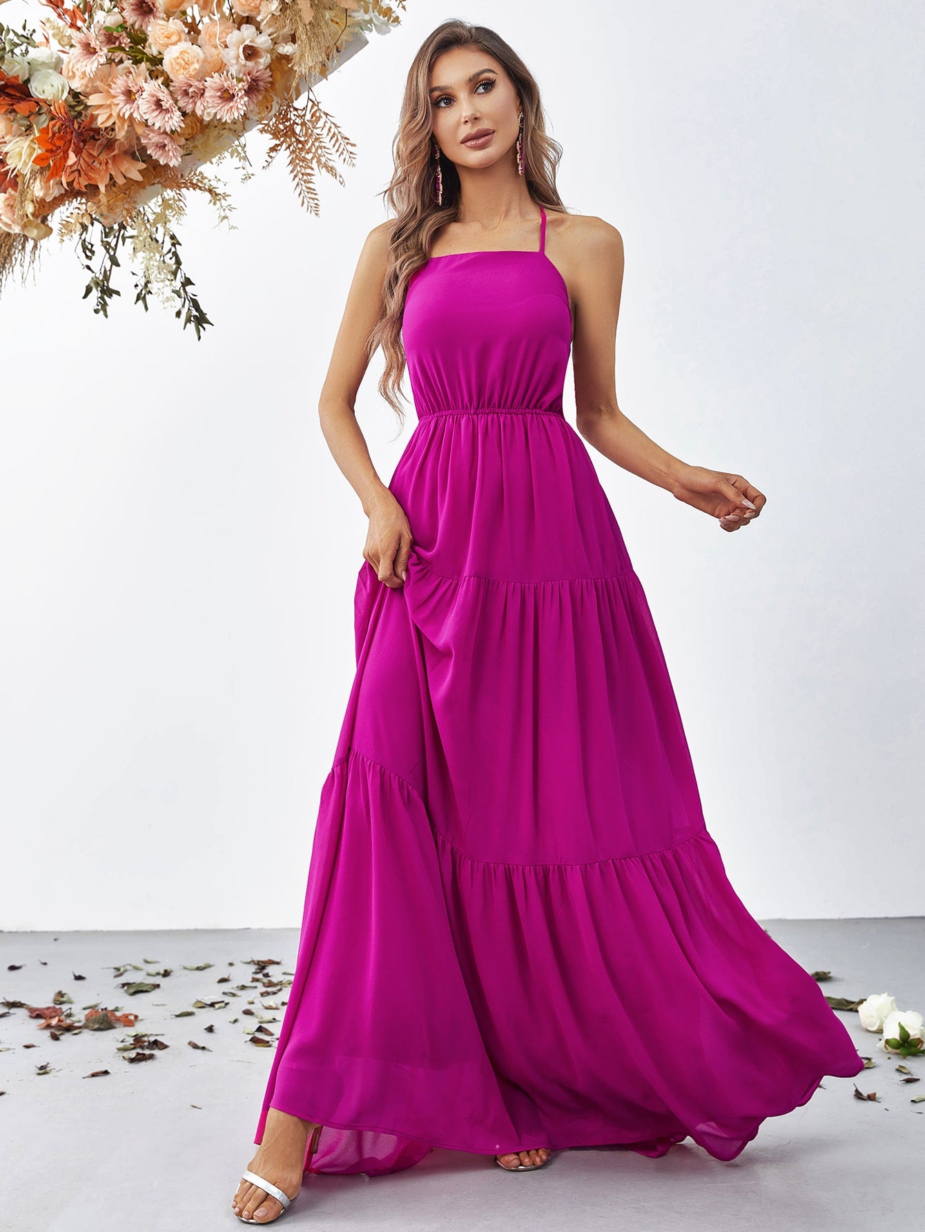 Back Lace Up Chiffon Tiered Maxi Dress