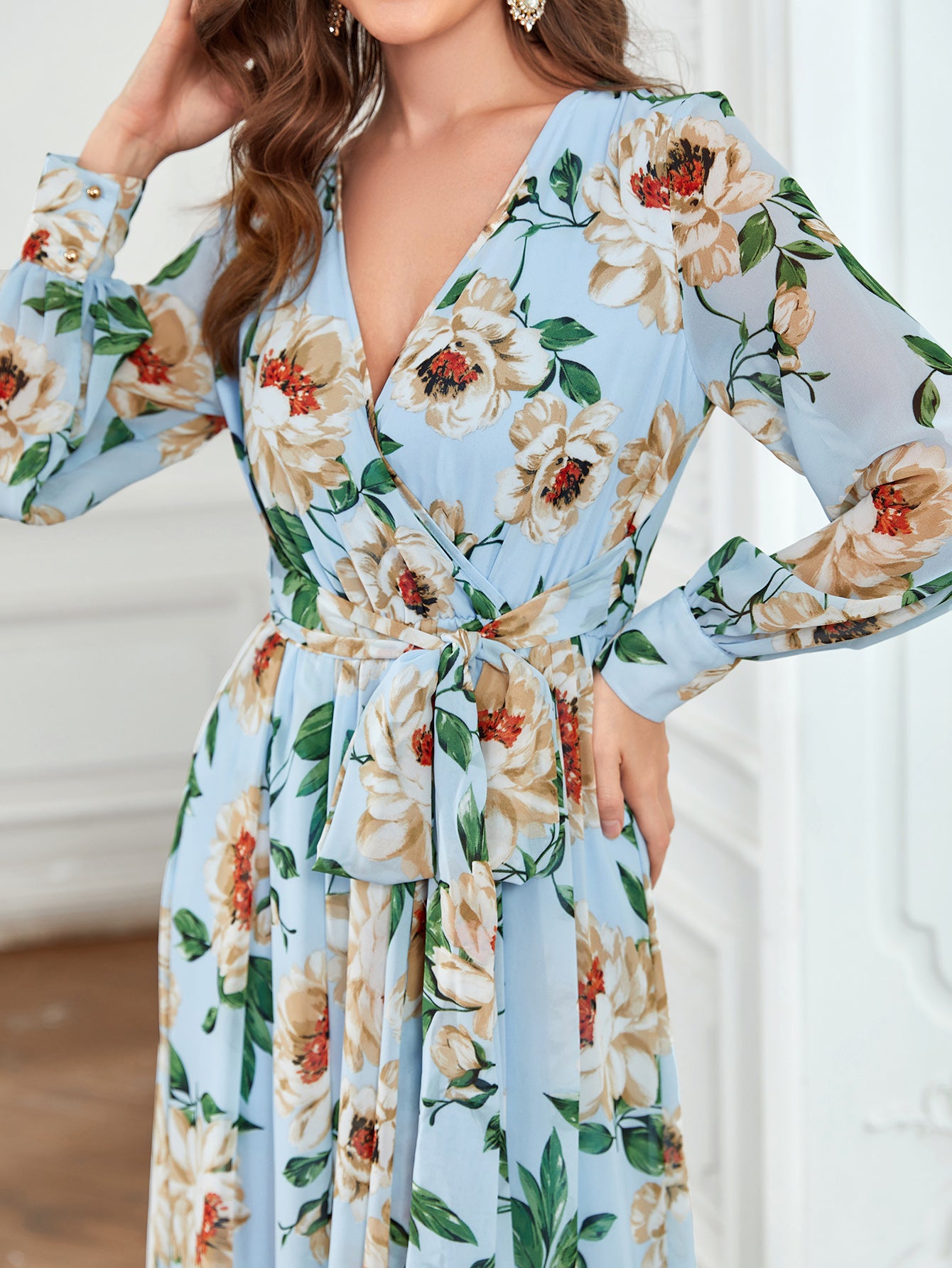 Elegant V Neck Long Sleeve Chiffon Floral Print Dress