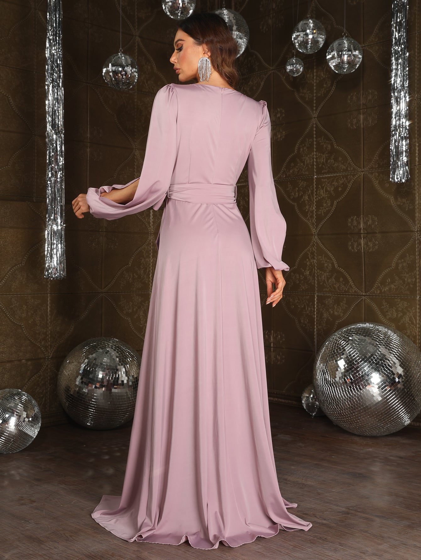 Elegant V Neck Slit Long Sleeve A-Line Dress