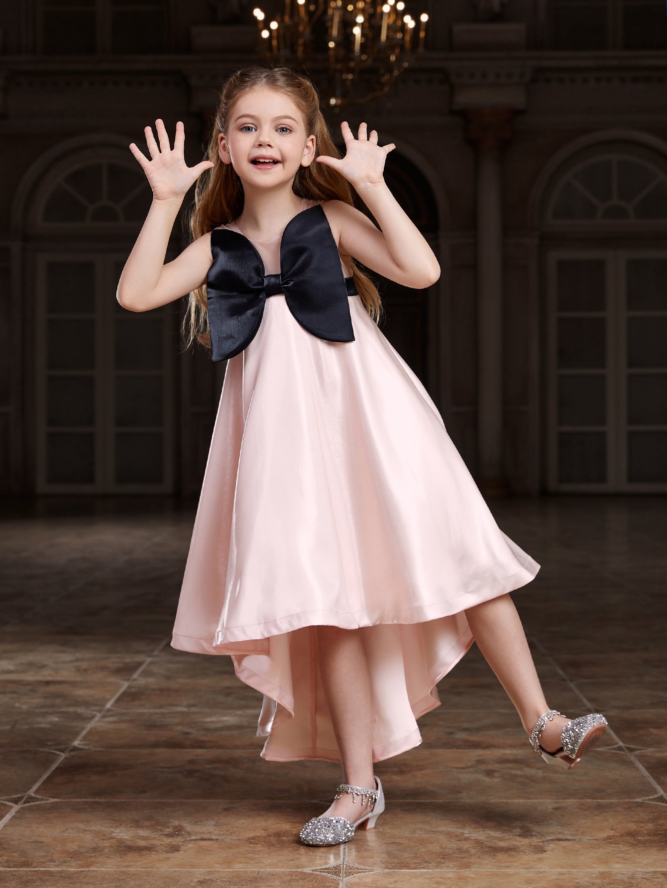 Girl's Bow Front Sleeveless Satin A Line Dress