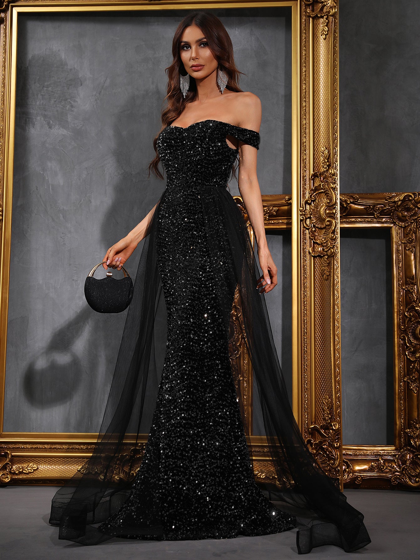 Mesh Layer On Waist Off Shoulder Black Sequin Mermaid Dresses