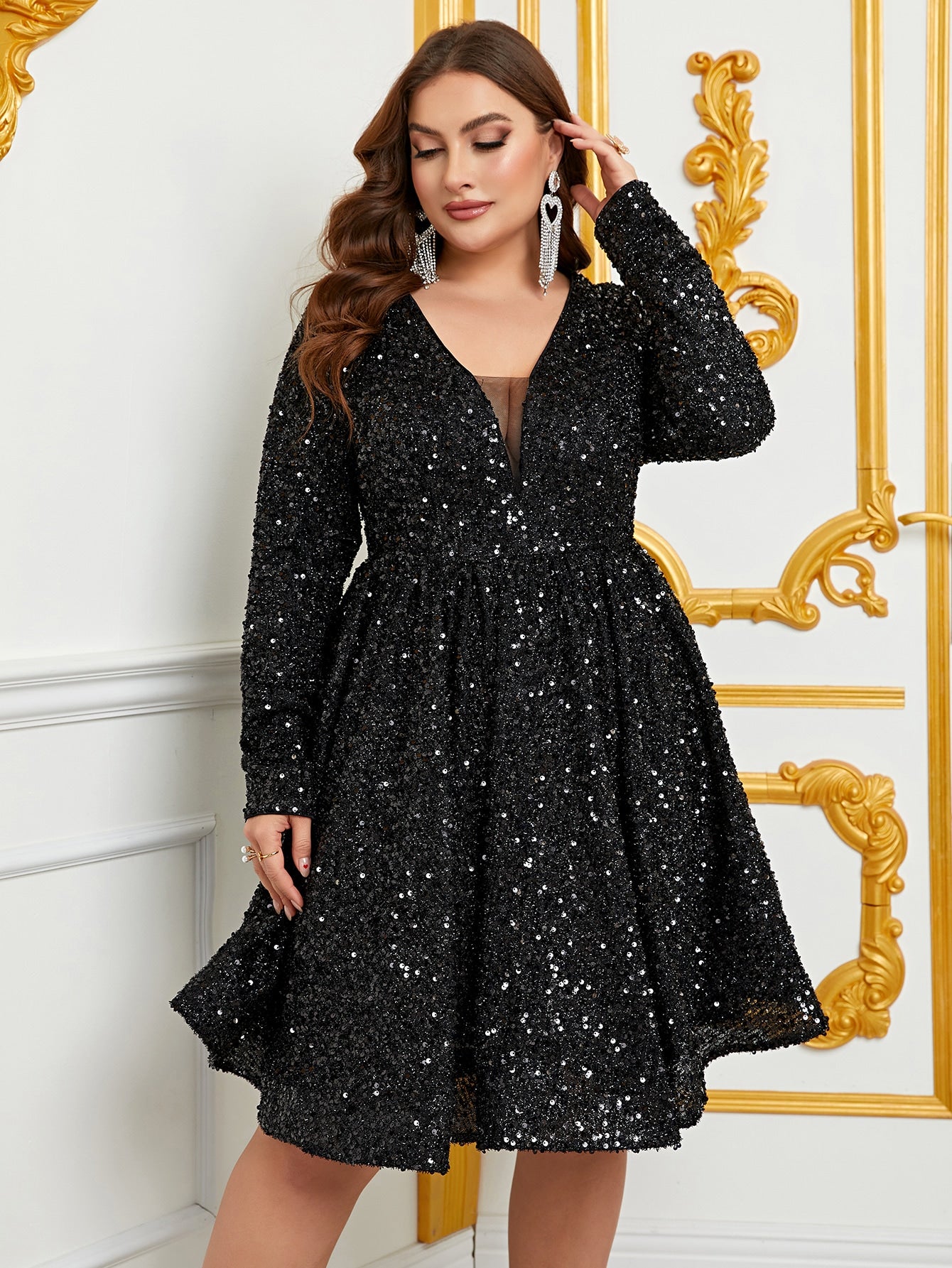 Plus Size V Neck Long Sleeve Sequin Mini A Line Dress