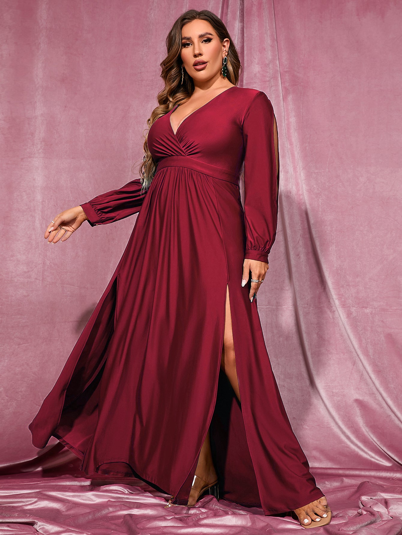 Plus Elegant V Neck Long Sleeve Dresses