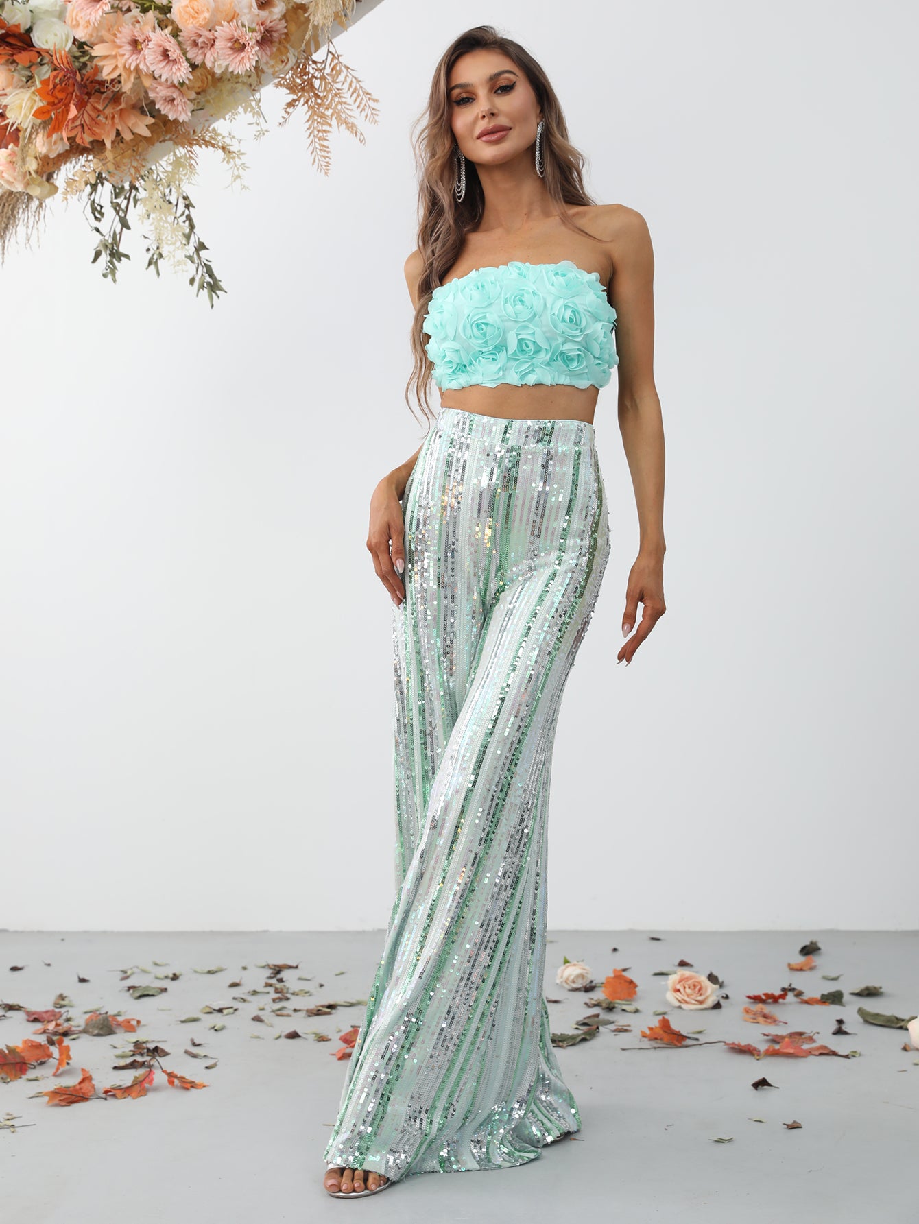 3D Flower Tube Top & Sequin Wide Leg Pants