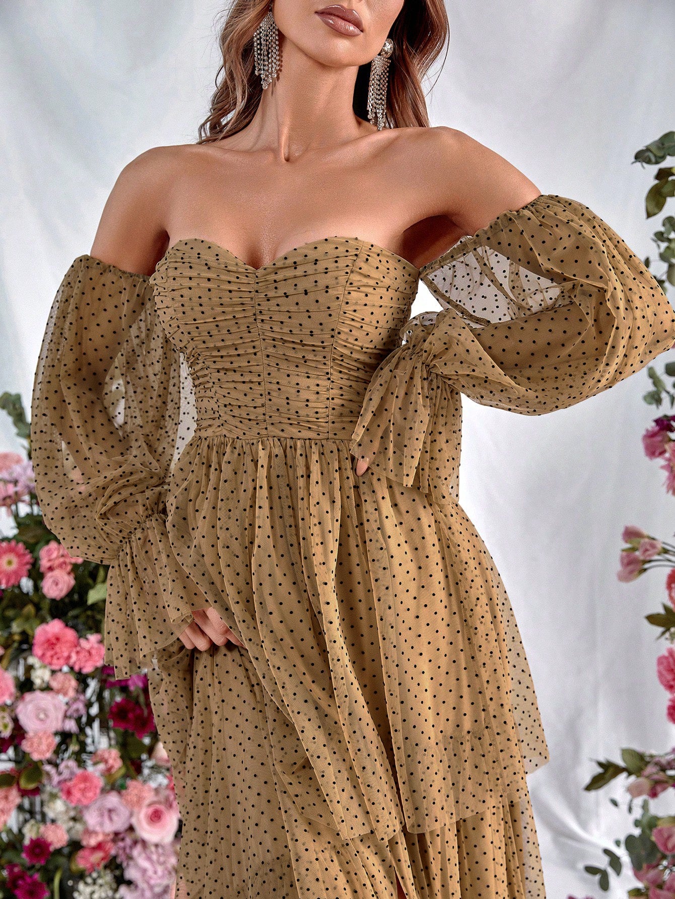 Off Shoulder Lantern Sleeve Polka Dot Layered Dress