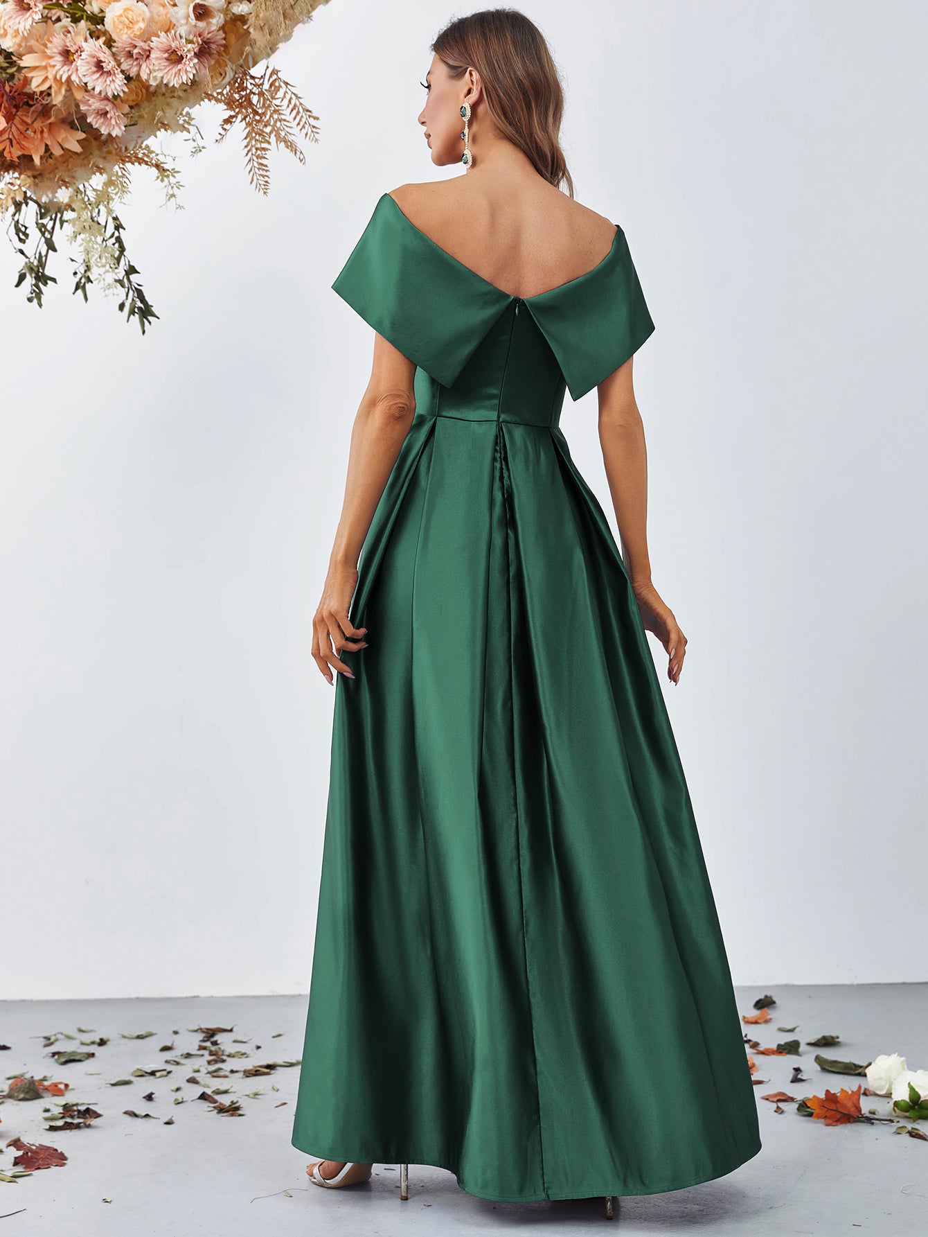 Fold Pleated Detail Off Shoulder Satin A Line Dress