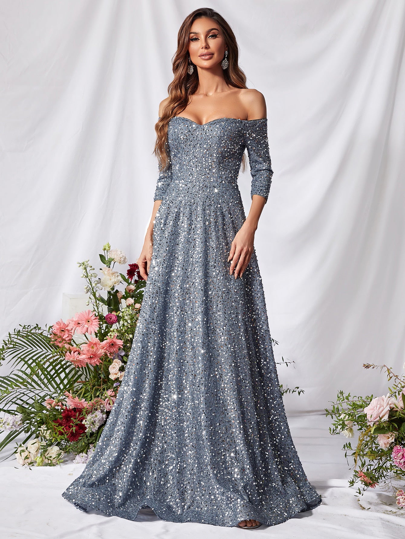 3/4 Sleeve Off Shoulder Sequin A Line Dresses