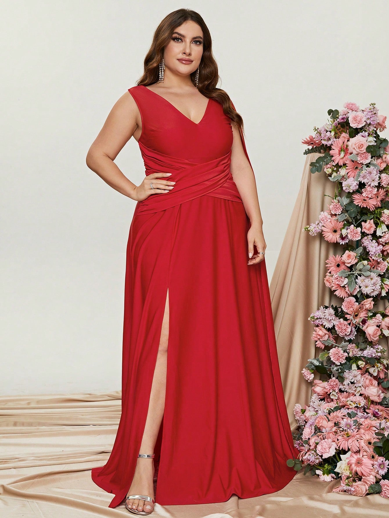 Plus Red Ruched Draped Side  A Line Dresses