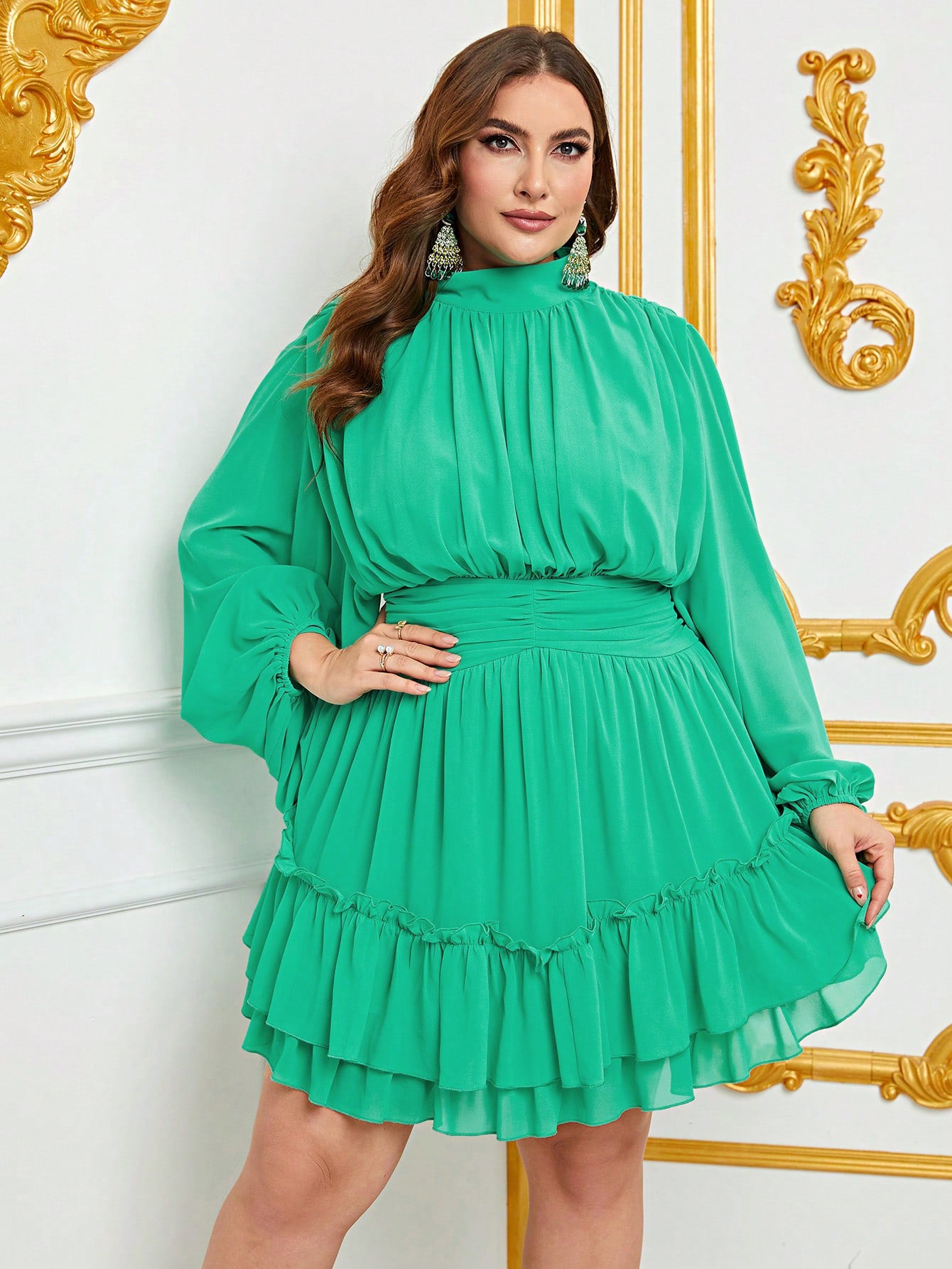 Plus Mock Neck Lantern Sleeve Ruffle Hem Chiffon Dress