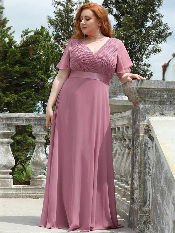 Plus Size Empire Waist Evening Dress with Short Sleeves