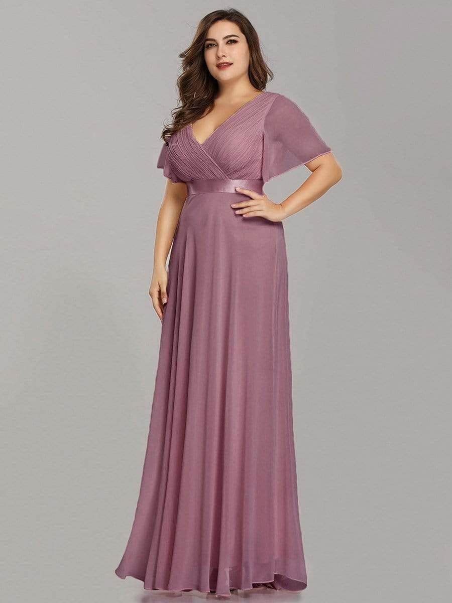 Plus Size Empire Waist Evening Dress with Short Sleeves-Poschic