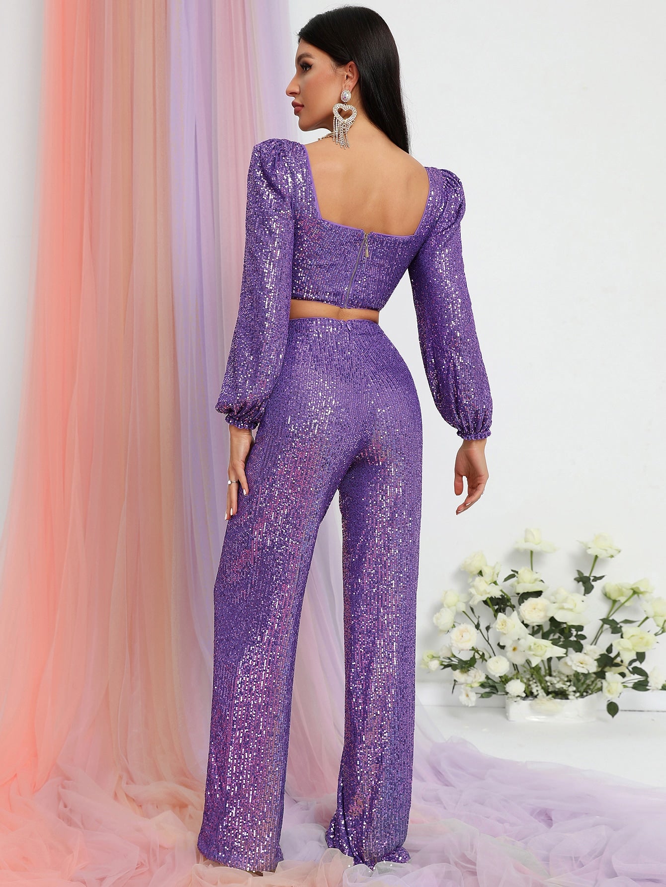 Elegant Long Sleeve Two Piece Sequin Set