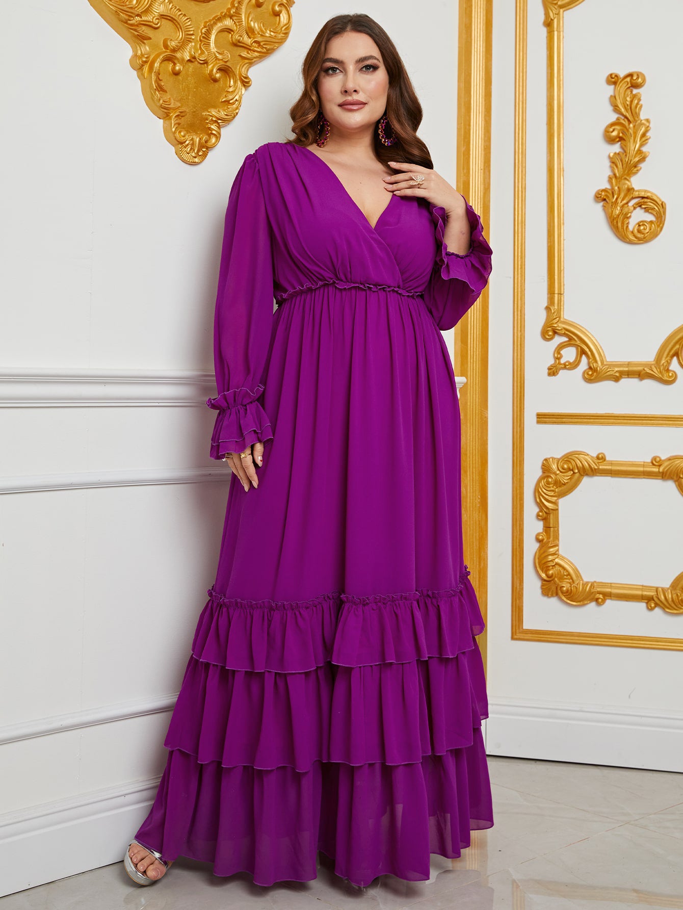 Plus Layered Ruffle Hem V Neck Lantern Sleeve Chiffon Dress