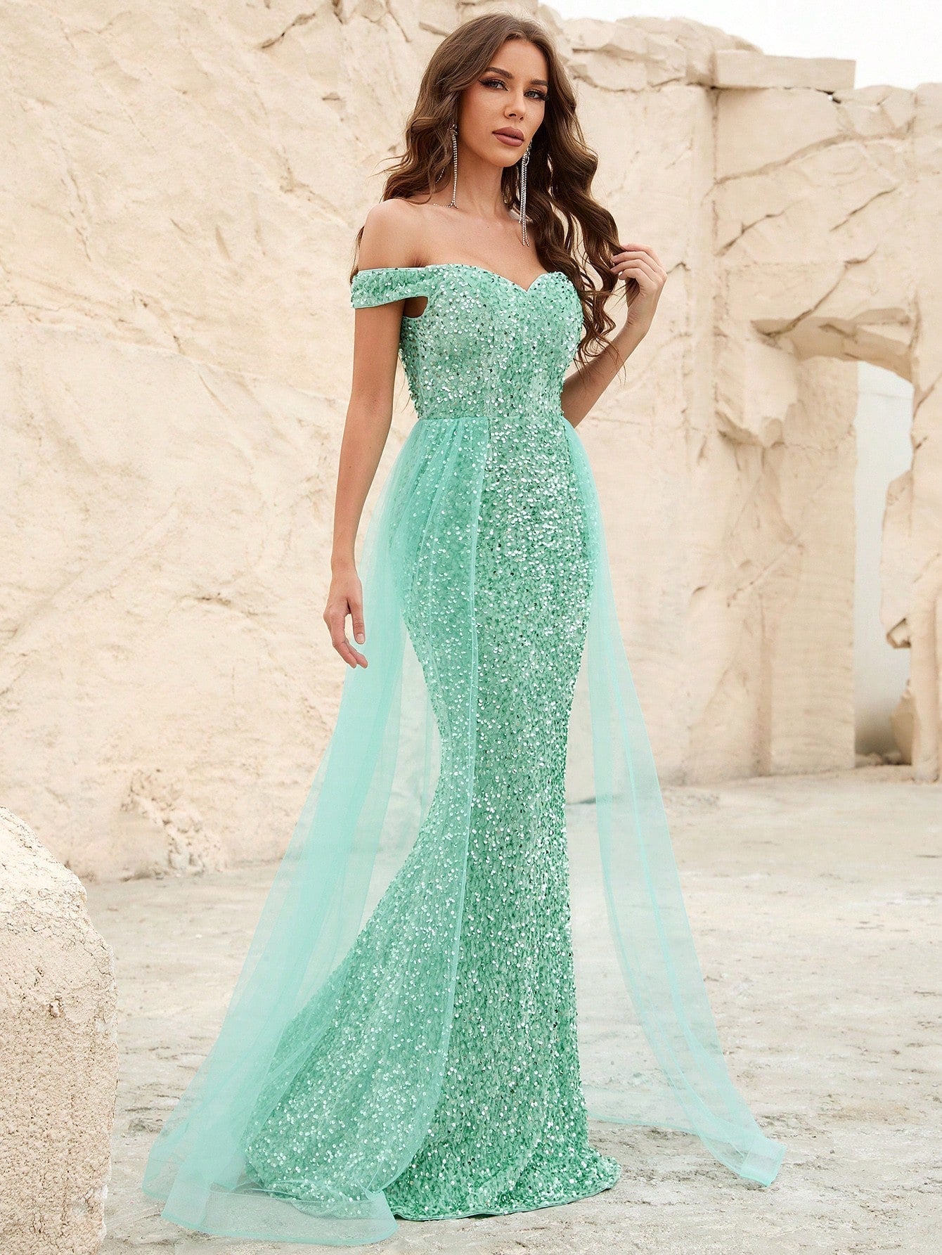 Off Shoulder Sequin Mermaid Dresses Mesh Layer On Waist