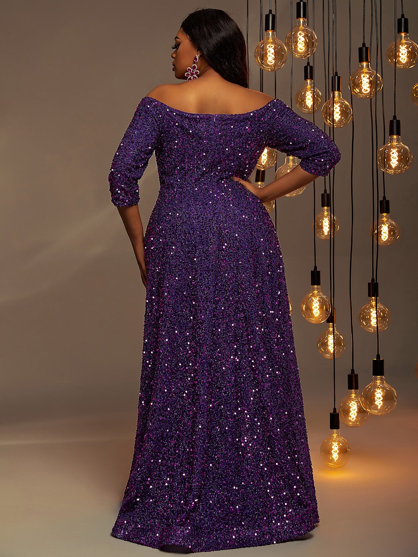 Plus 3/4 Sleeve Off Shoulder Sequin A Line Dresses