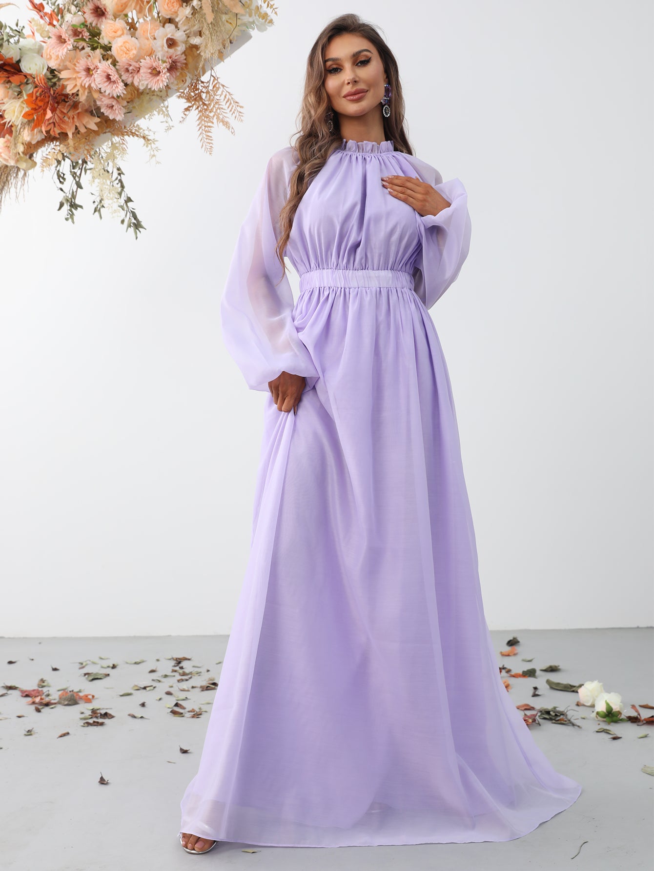 Elegant Stand Neck Long Sleeve Maxi A line Dresses