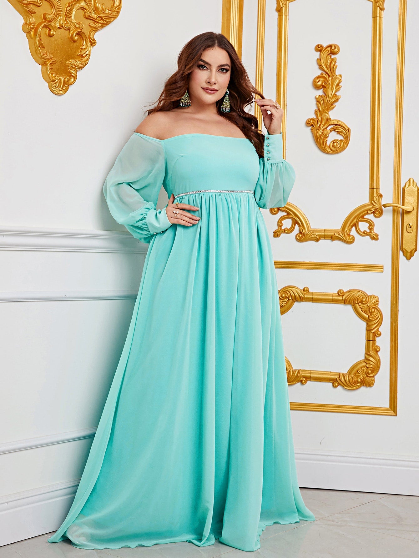 Plus Size Elegant Off Shoulder Long Sleeve Chiffon A Line Dresses