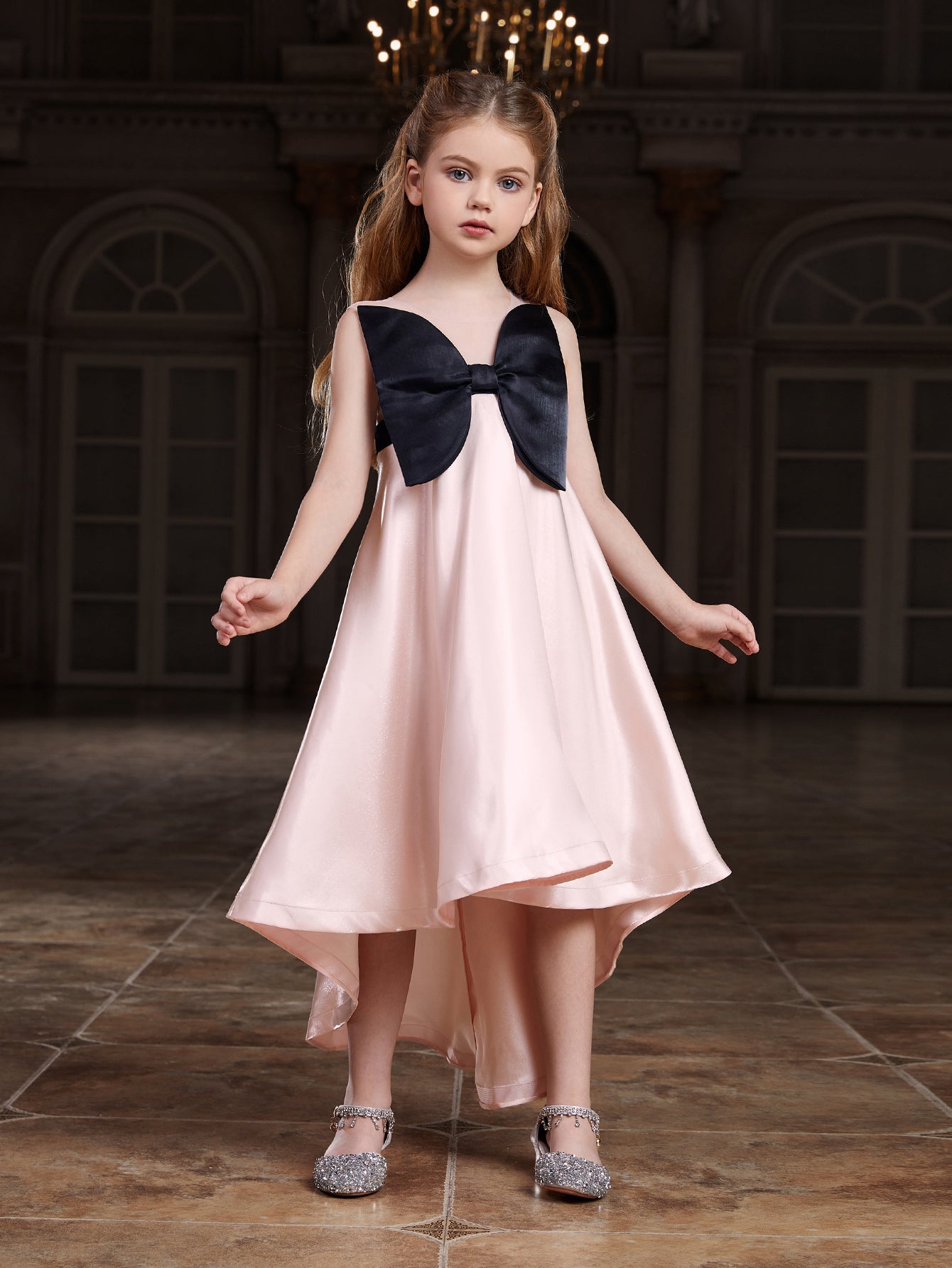 Girl's Bow Front Sleeveless Satin A Line Dress