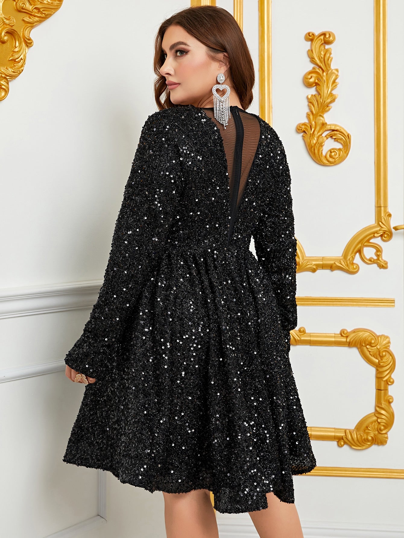 Plus Size V Neck Long Sleeve Sequin Mini A Line Dress