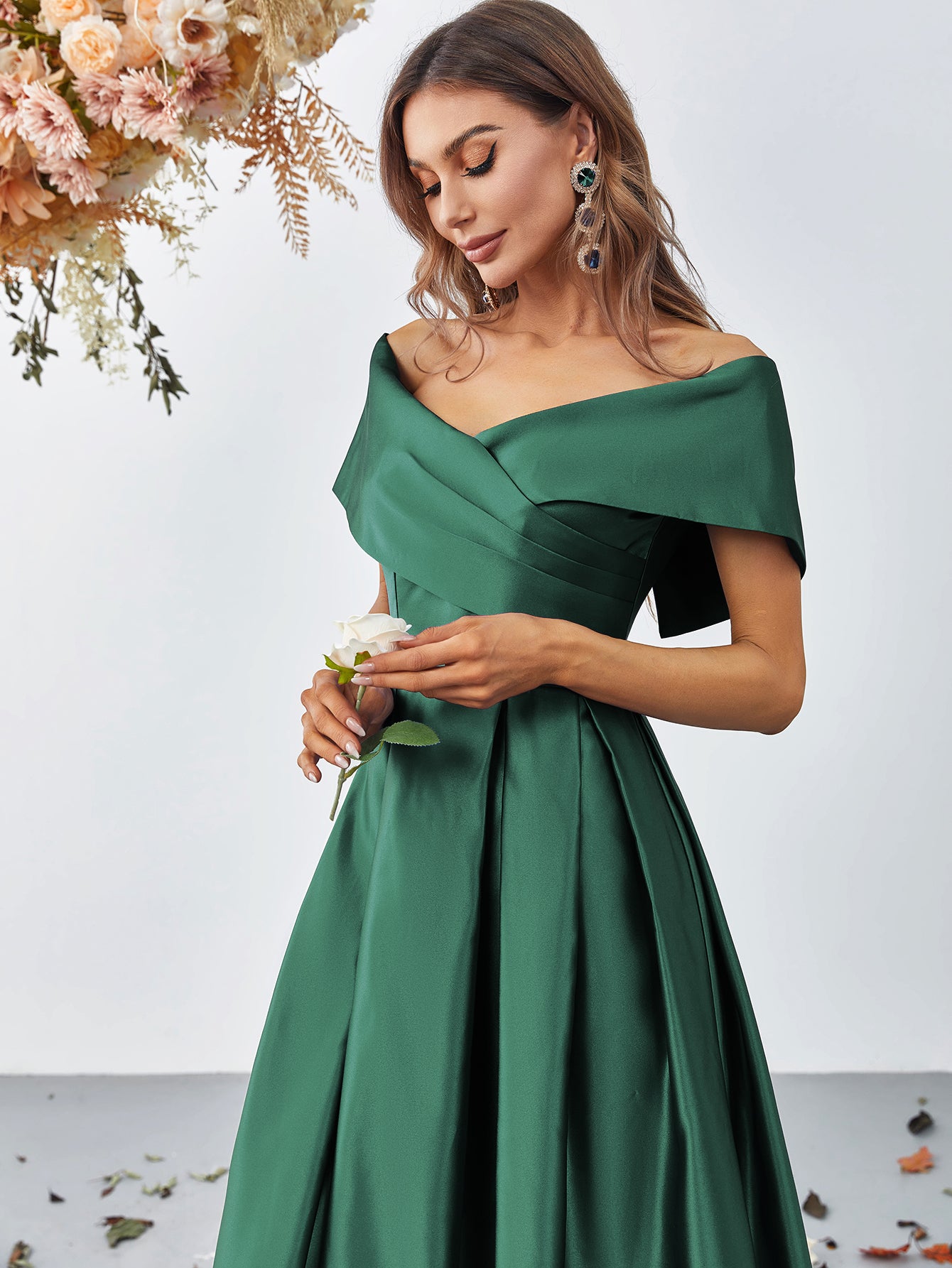 Fold Pleated Detail Off Shoulder Satin A Line Dress