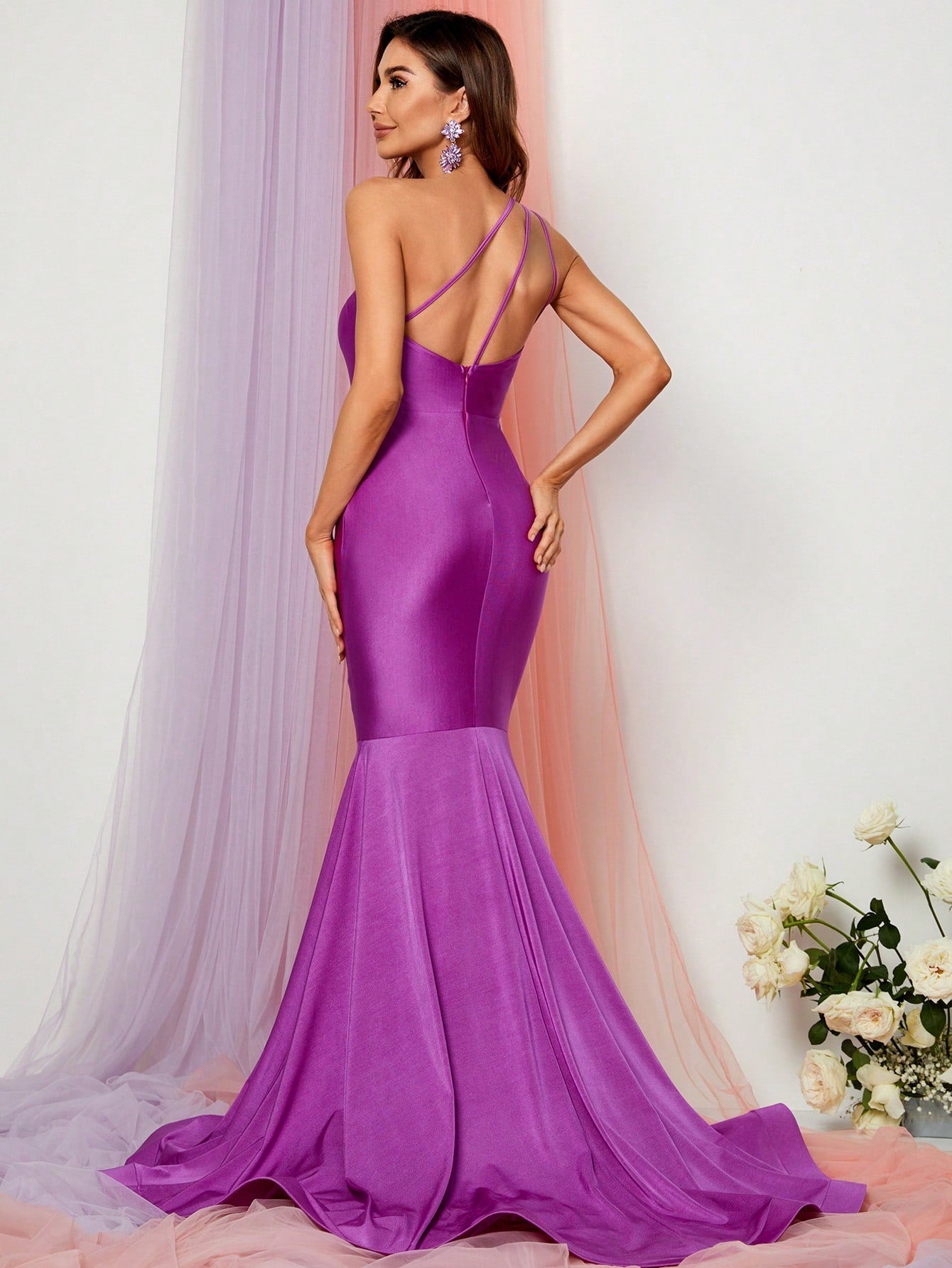 Purple One Shoulder Sleeveless Satin Mermaid Dresses