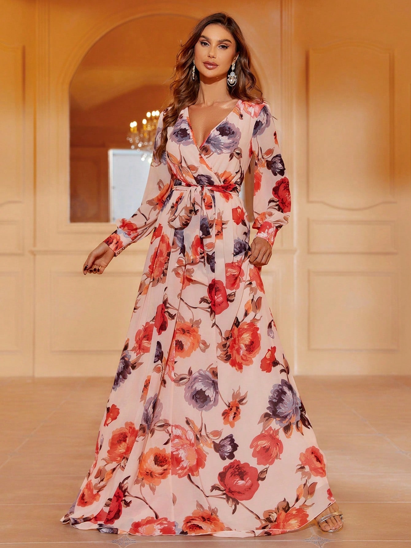 V Neck Long Sleeve Floral Print Belted Dress