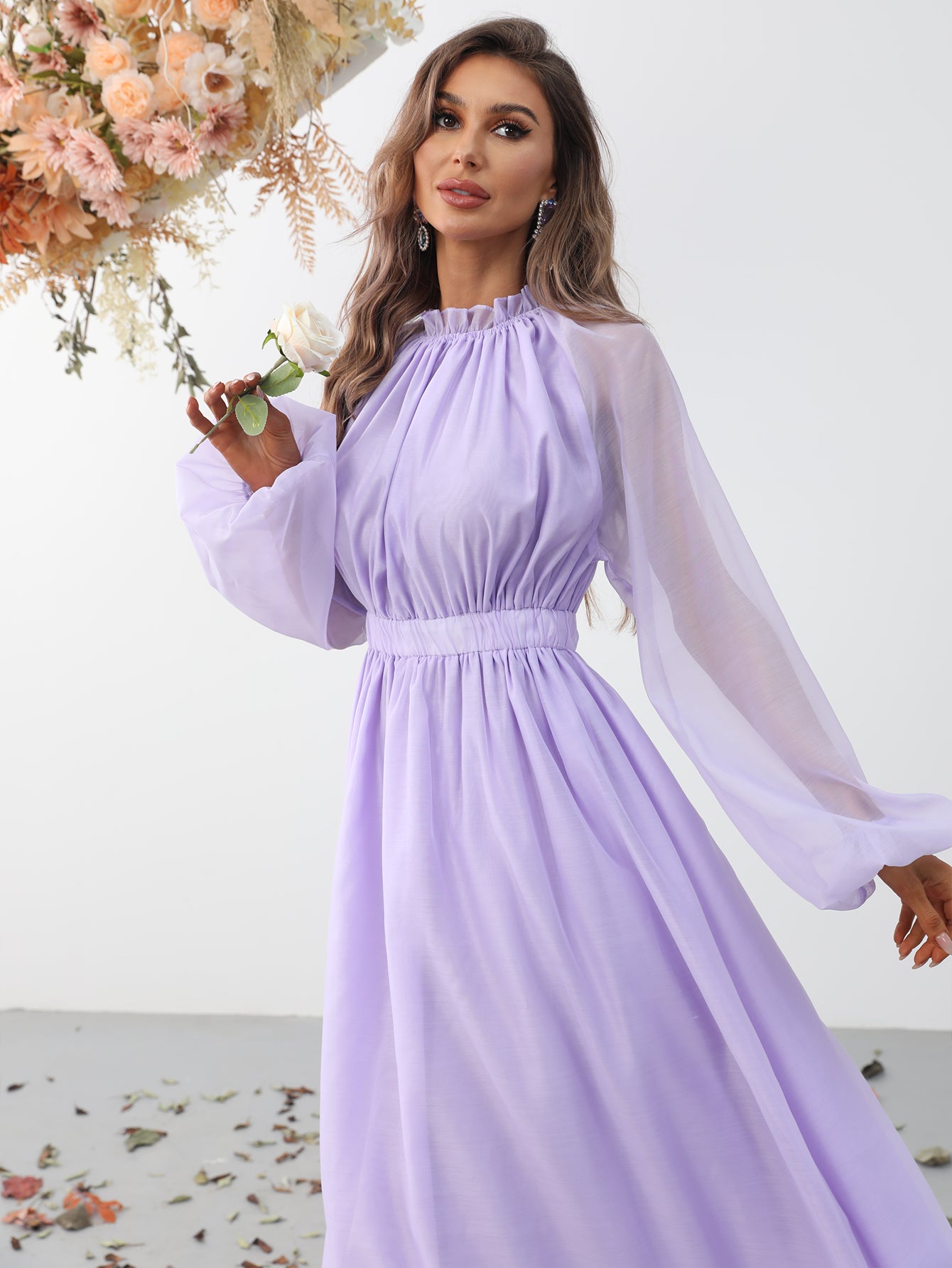 Elegant Stand Neck Long Sleeve Maxi A line Dresses