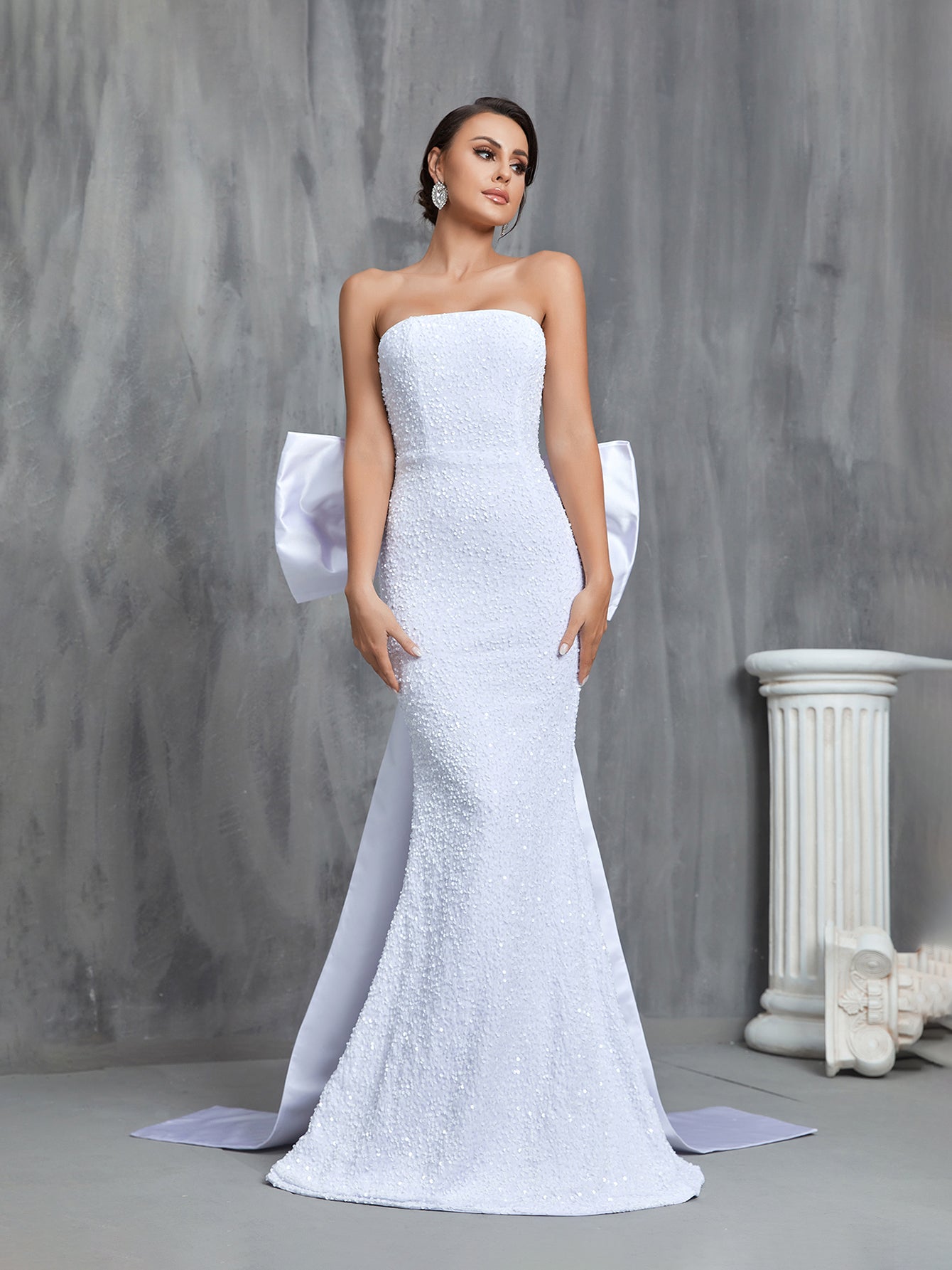 Elegant Mermaid Hem Sequin Tube Wedding Dress With Satin Big Bow