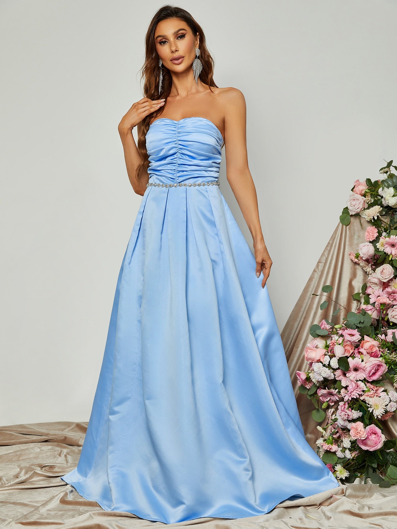 Elegant Tube Sleeveless Pleated Satin A Line Dresses