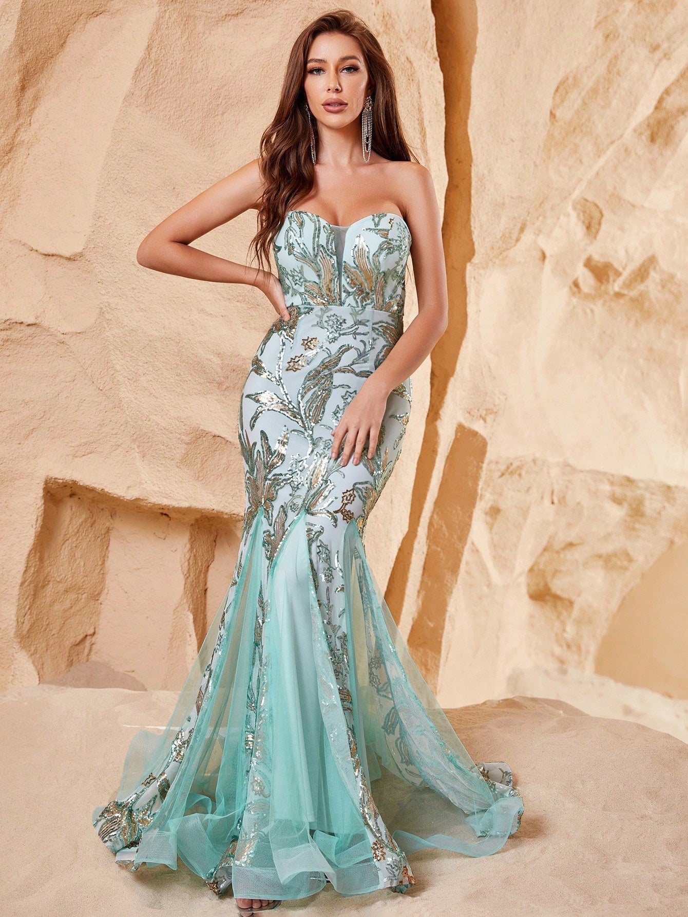 Elegant Tube Sleeveless Mesh Insert Sequin Mermaid Dress