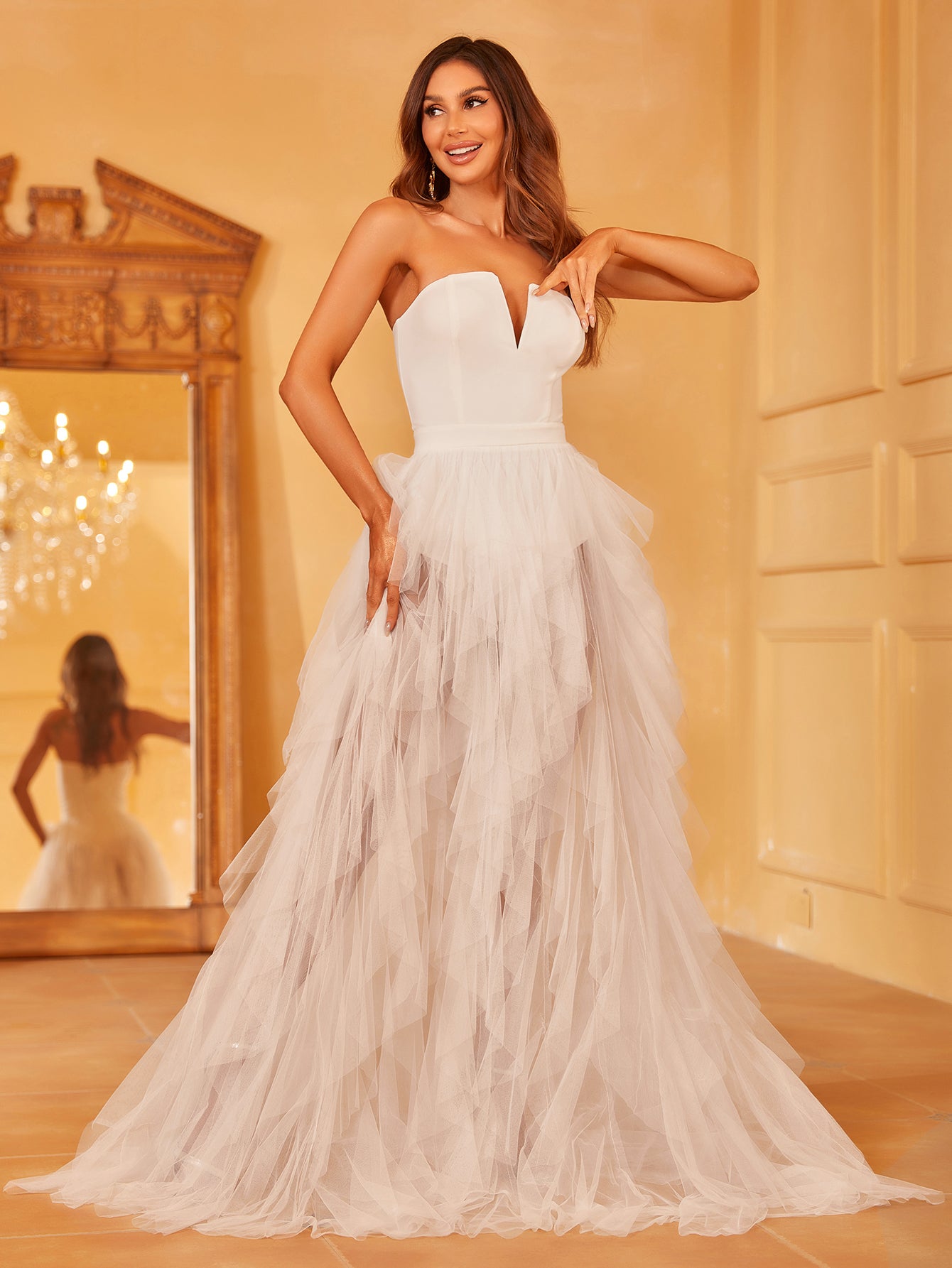 White Layered Tulle Long Graduation Dress