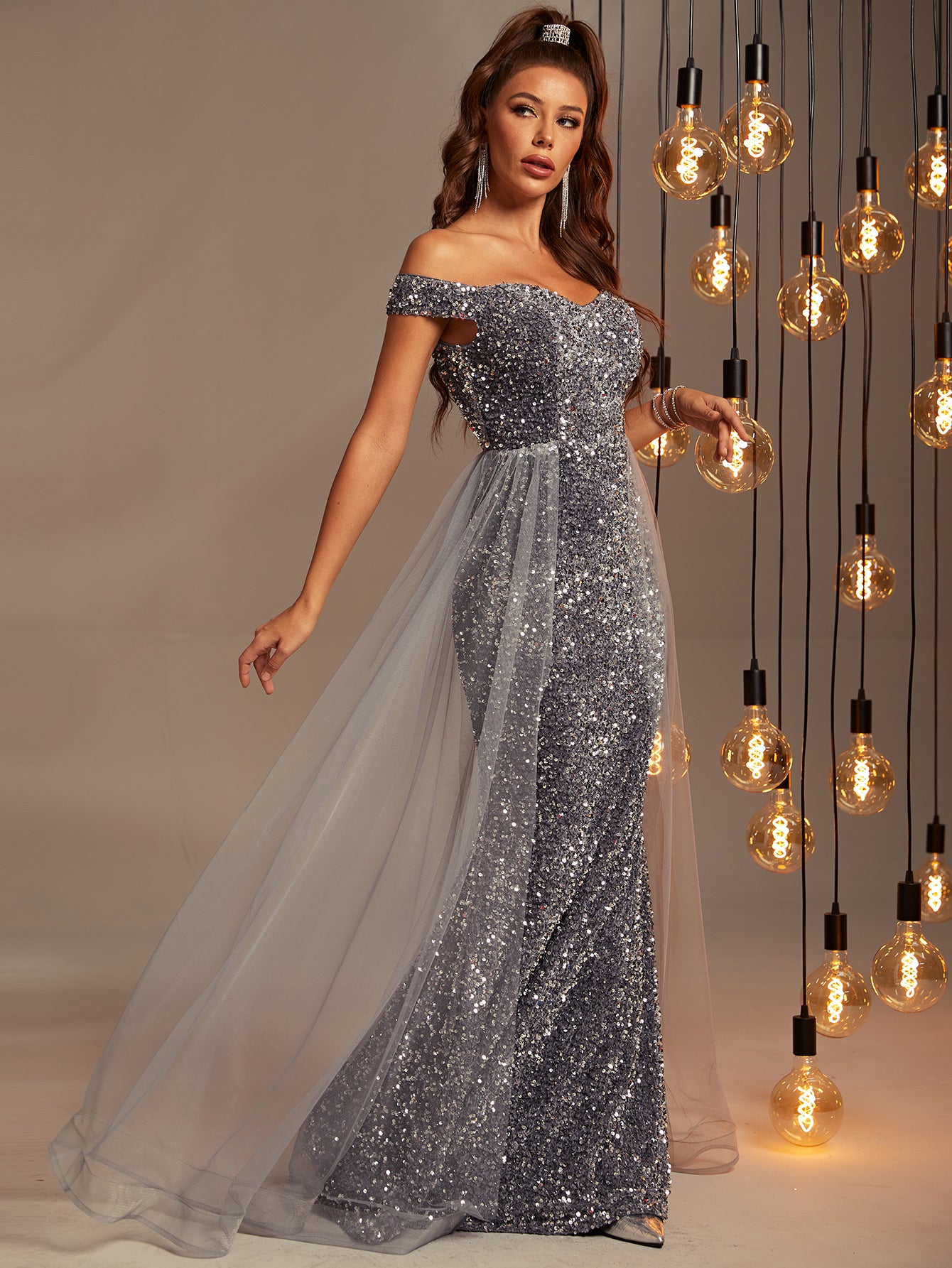 Off Shoulder Gray Mesh Layer Sequin Mermaid Dresses