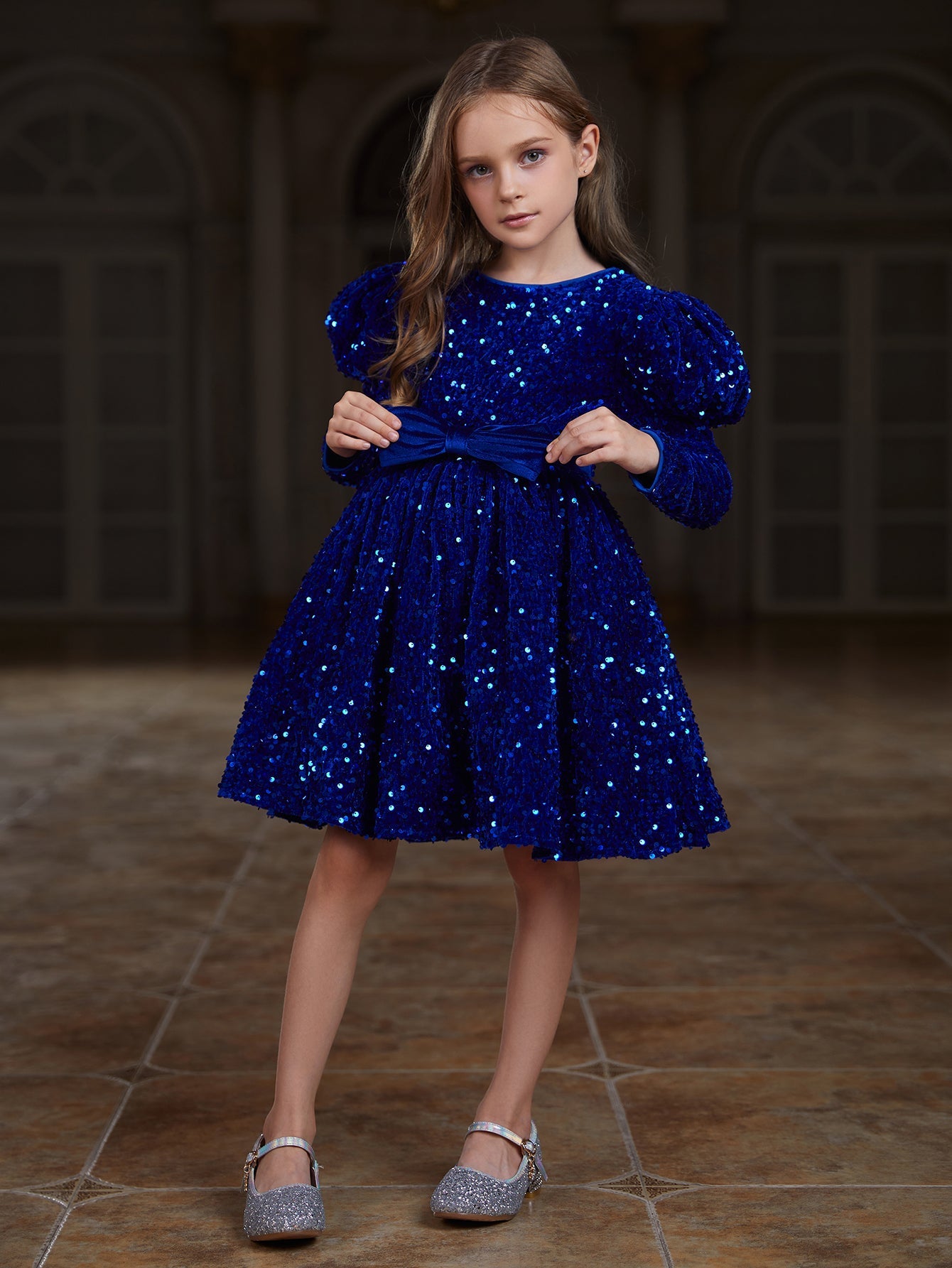 Girl's Gigot Sleeve Bow Decor Sequin Midi Dress