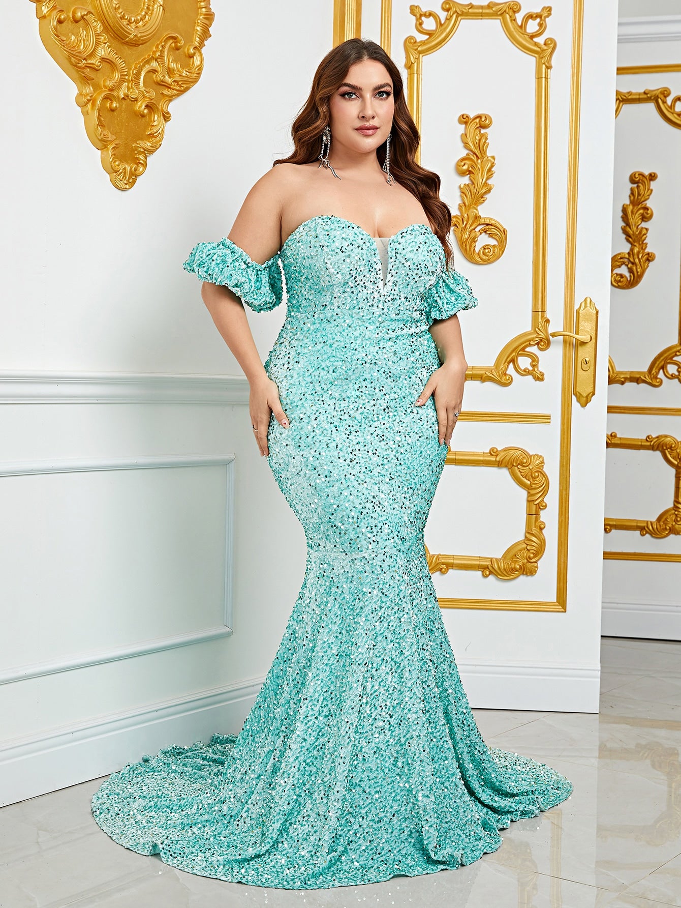 Plus Off Shoulder Puff Sleeve Mermaid Sequin Prom Dress