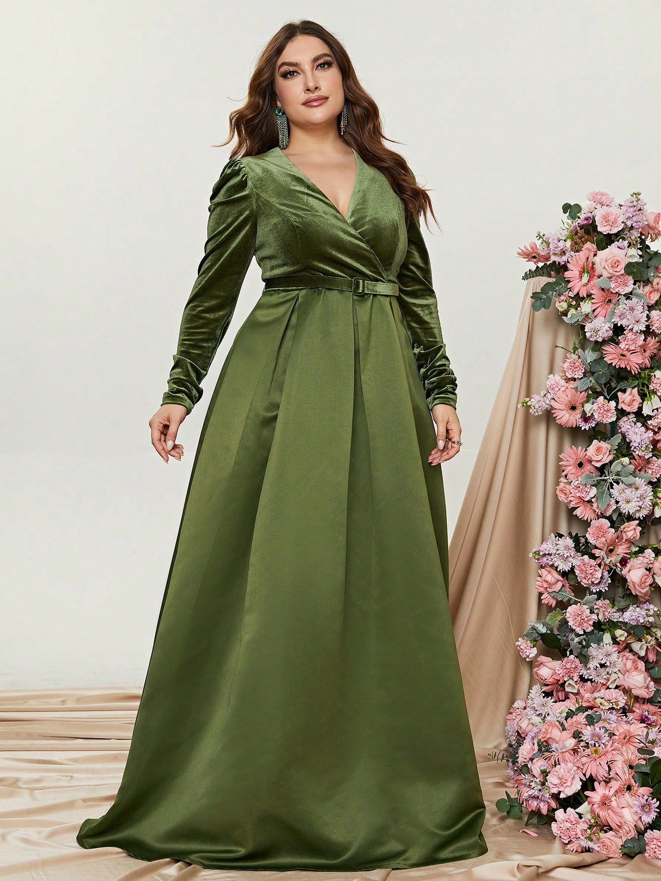 Plus V Neck Long Sleeve Belted Satin A Line Dress