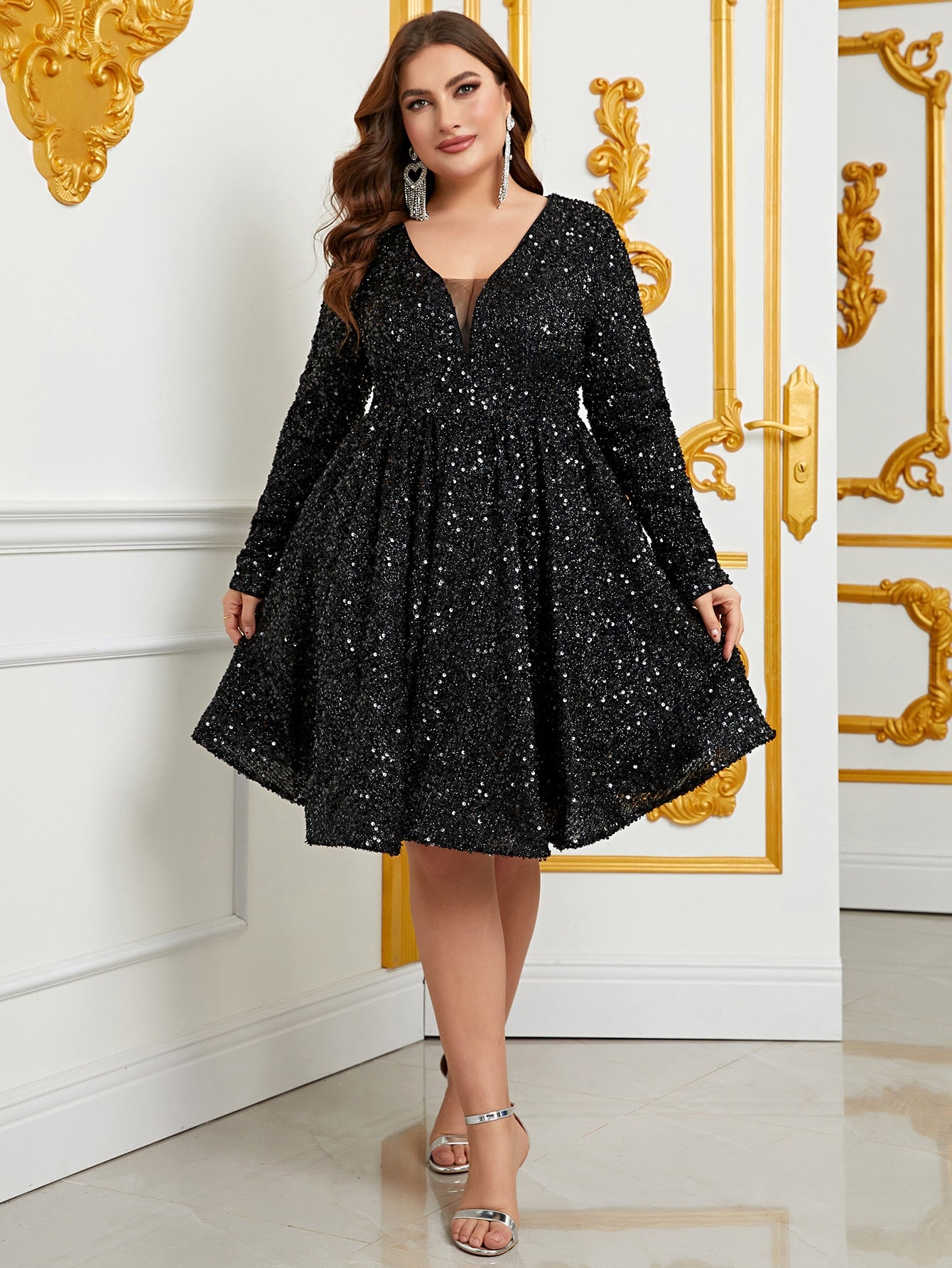 Plus Size V Neck Long Sleeve Sequin Mini A Line Dress