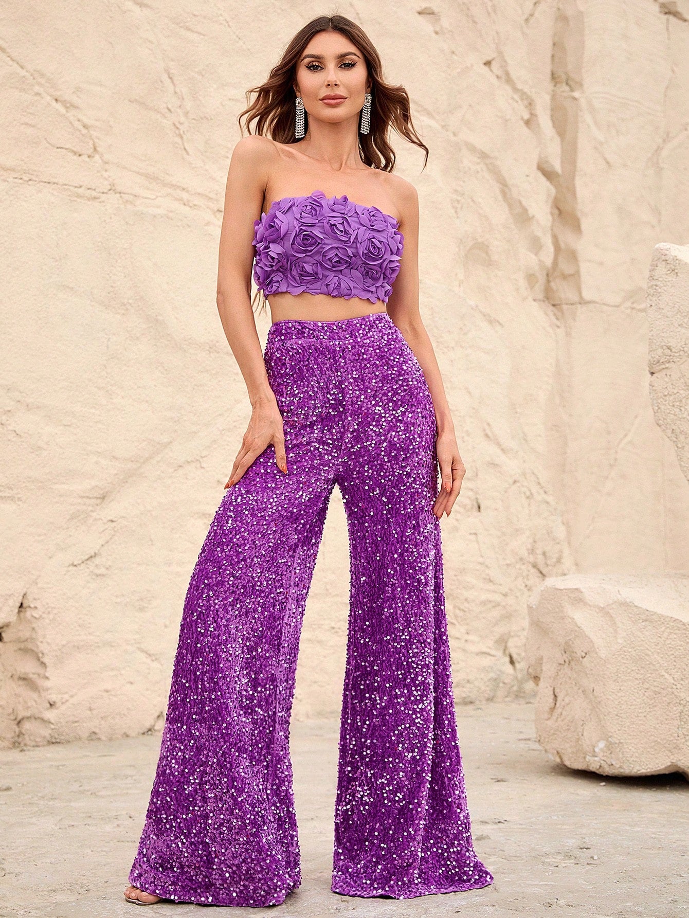 Fancy Purple Two Piece Sequin Set Top With 3D Flower