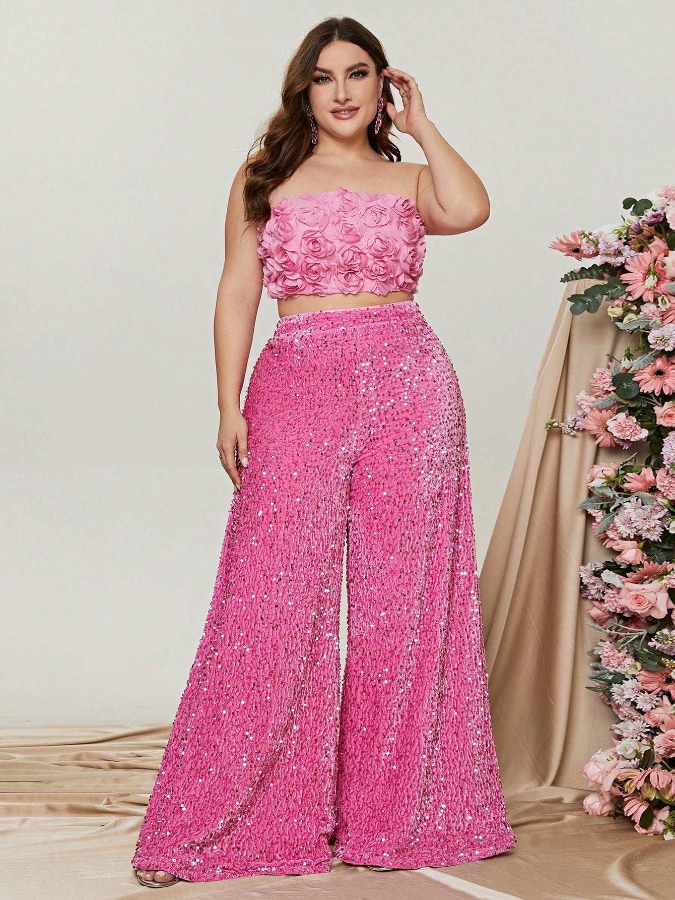 Plus 3D Flowers Tube Top & Wide Leg Sequin Pants