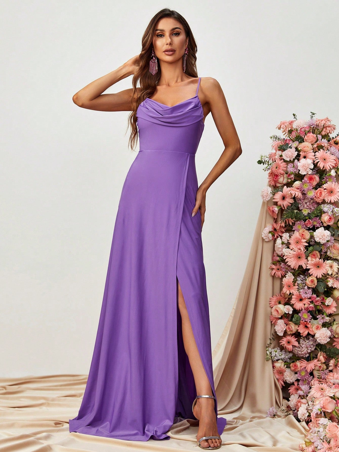 Elegant Spaghetti Strap Slit Satin A Line Dresses