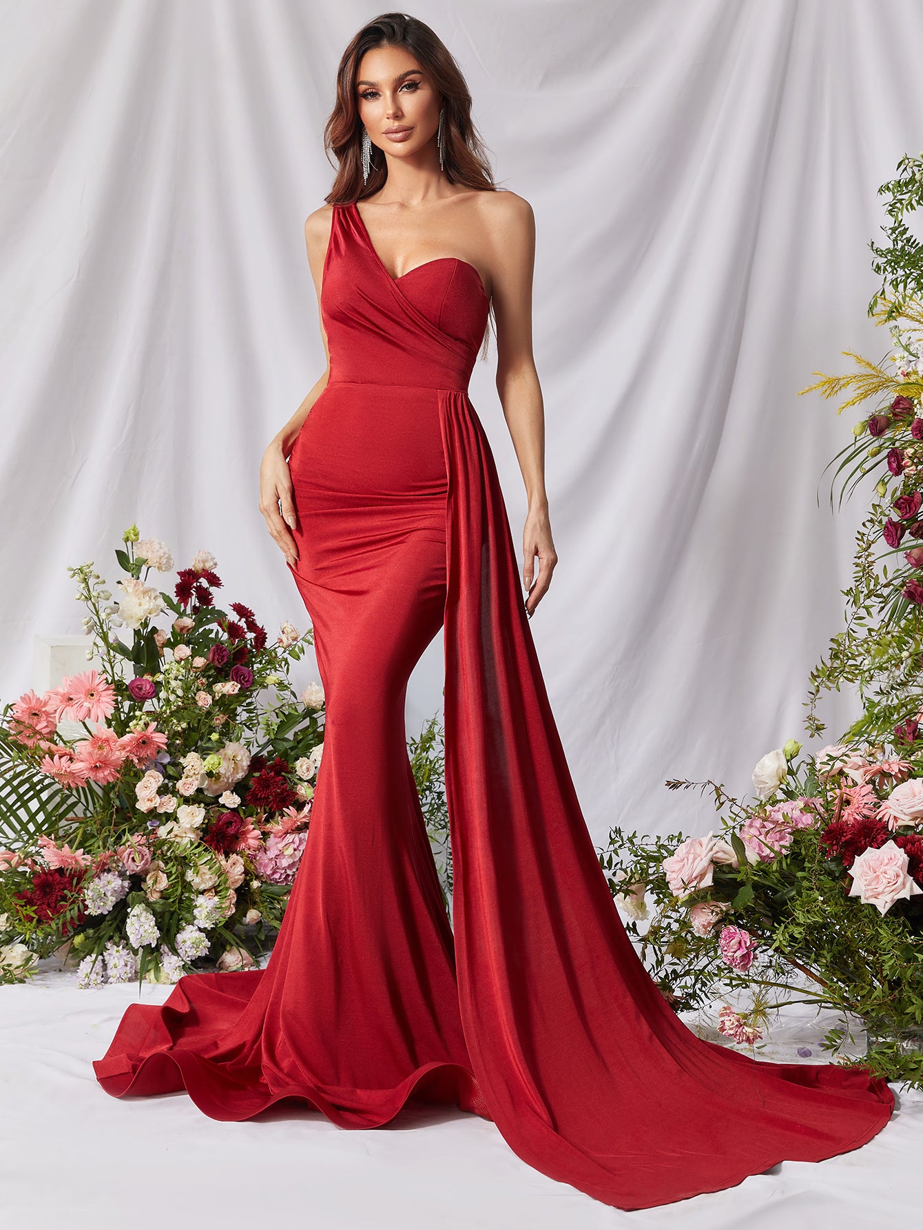 One Shoulder Sleeveless Side Draped Wrap Hem Satin Dress